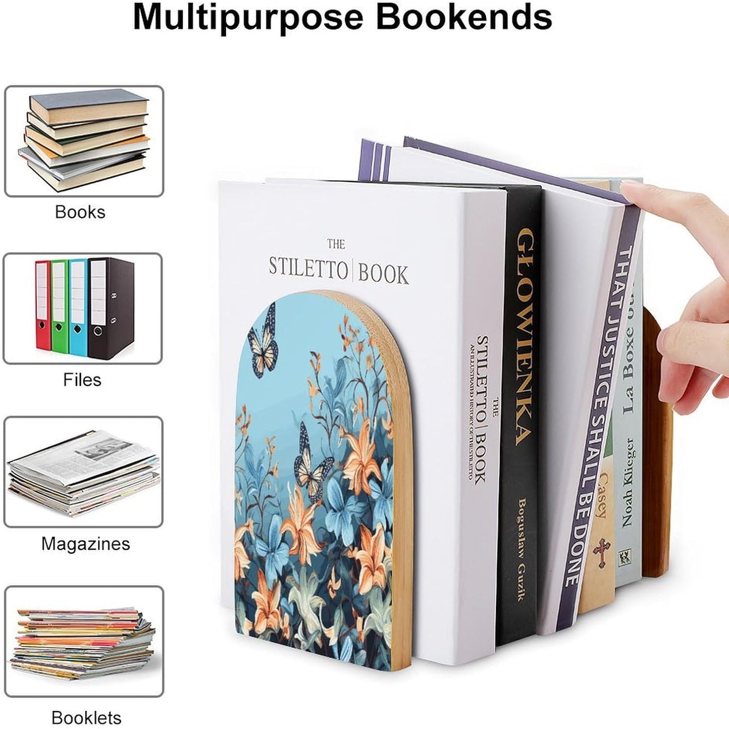 Blue Butterfly Floral Bookend for Shelves Wooden Book End Large Size Sturdy Book Holders Stoppers with Metal Base for Bookshelves Slick Decorative Bookends Stands