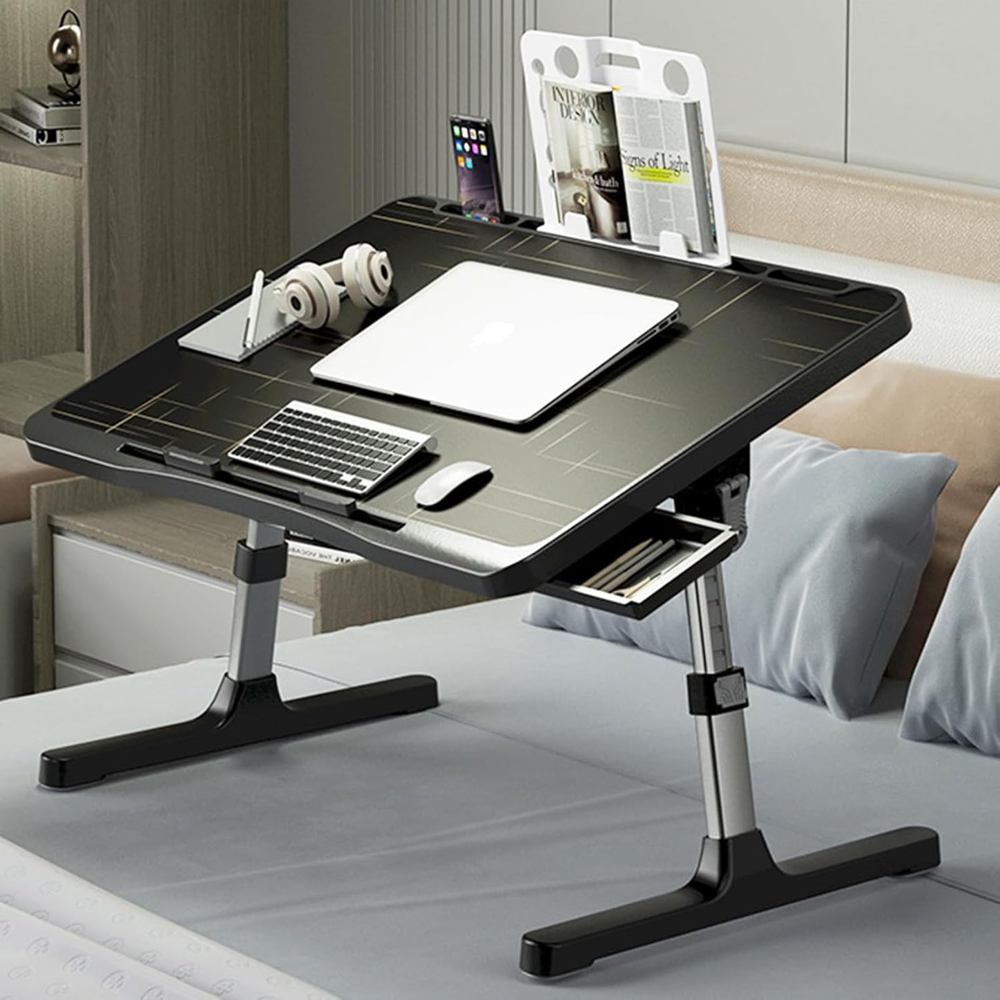 SIDIANBAN Laptop Desk for Bed, Adjustable Bed Table with USB Charge Port, Foldable Laptop Table with Storage Drawer, Portable Laptop Bed Desk Tray for Eating Working Writing Reading (Black)