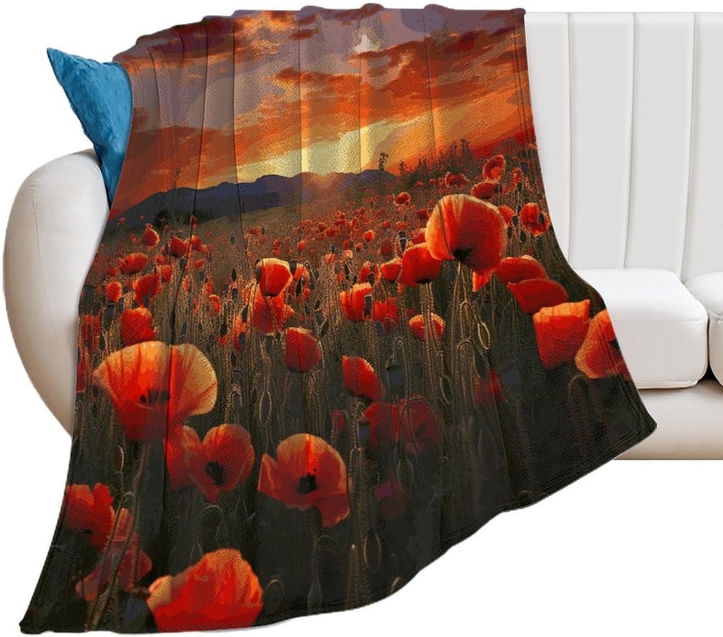 Red Poppy Flower Field in Sunset Blanket Super Soft Lightweight Throw Blanket Cute Cozy Warm Bed Blanket Decorative Fuzzy Blanket All-Season Home Decor Gift for Sofa Couch Living Room 40"*50" （100*130