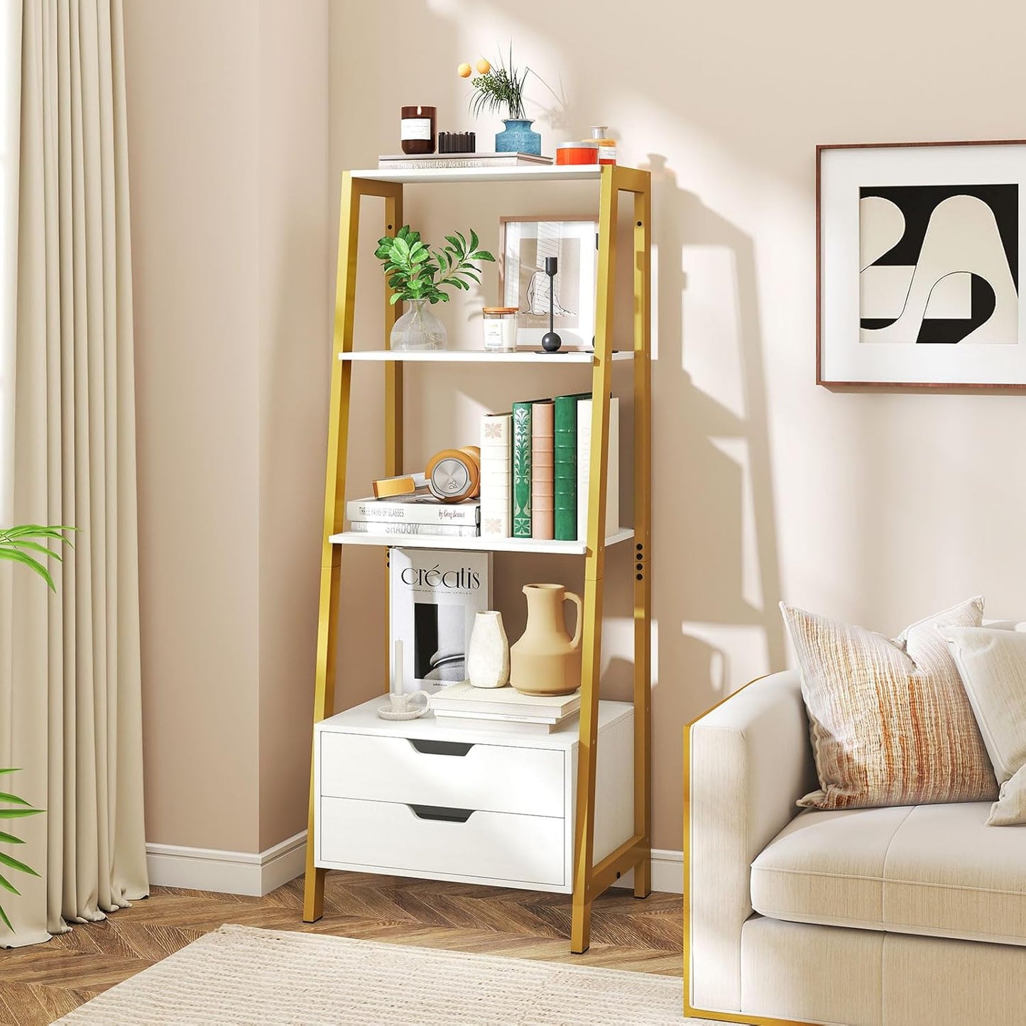 HOMGX 52.5” Tall Ladder Shelf, Industrial Freestanding Bookshelf with 2 Drawers, Heavy-Duty Metal Storage Shelving Unit for Living Room, Bedroom, Office, Study (White & Gold)