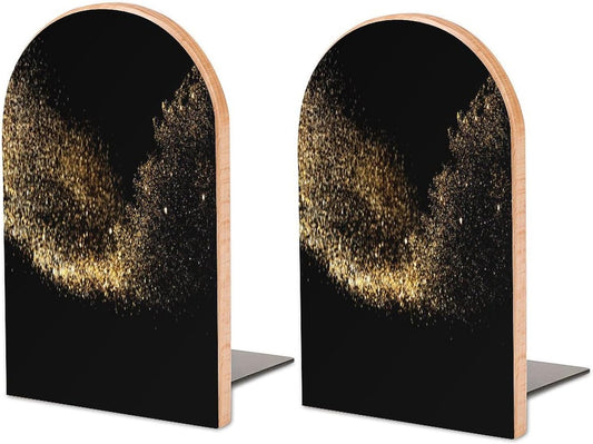 Gold Black Sand Wooden Bookend Non-Slip Book Ends Heavy Duty Book Stopper with Metal Base Books Holderd Decorative Bookends Stands Firmly for Office Supplies