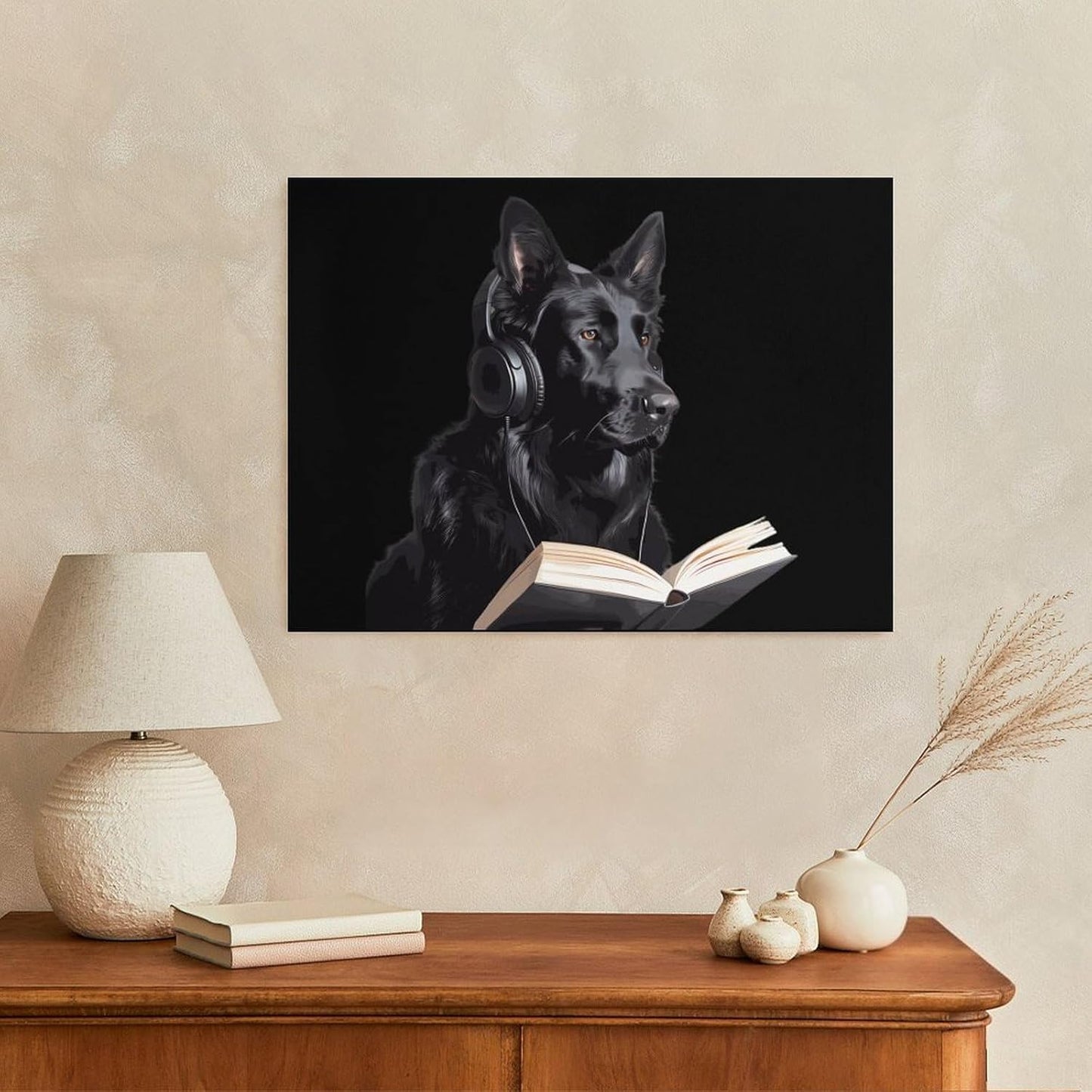 German Shepherd Wearing Headphones Reading Funny Canvas Wall Art Print Artwork Picture Painting for Home Office Decoration 12"x16"