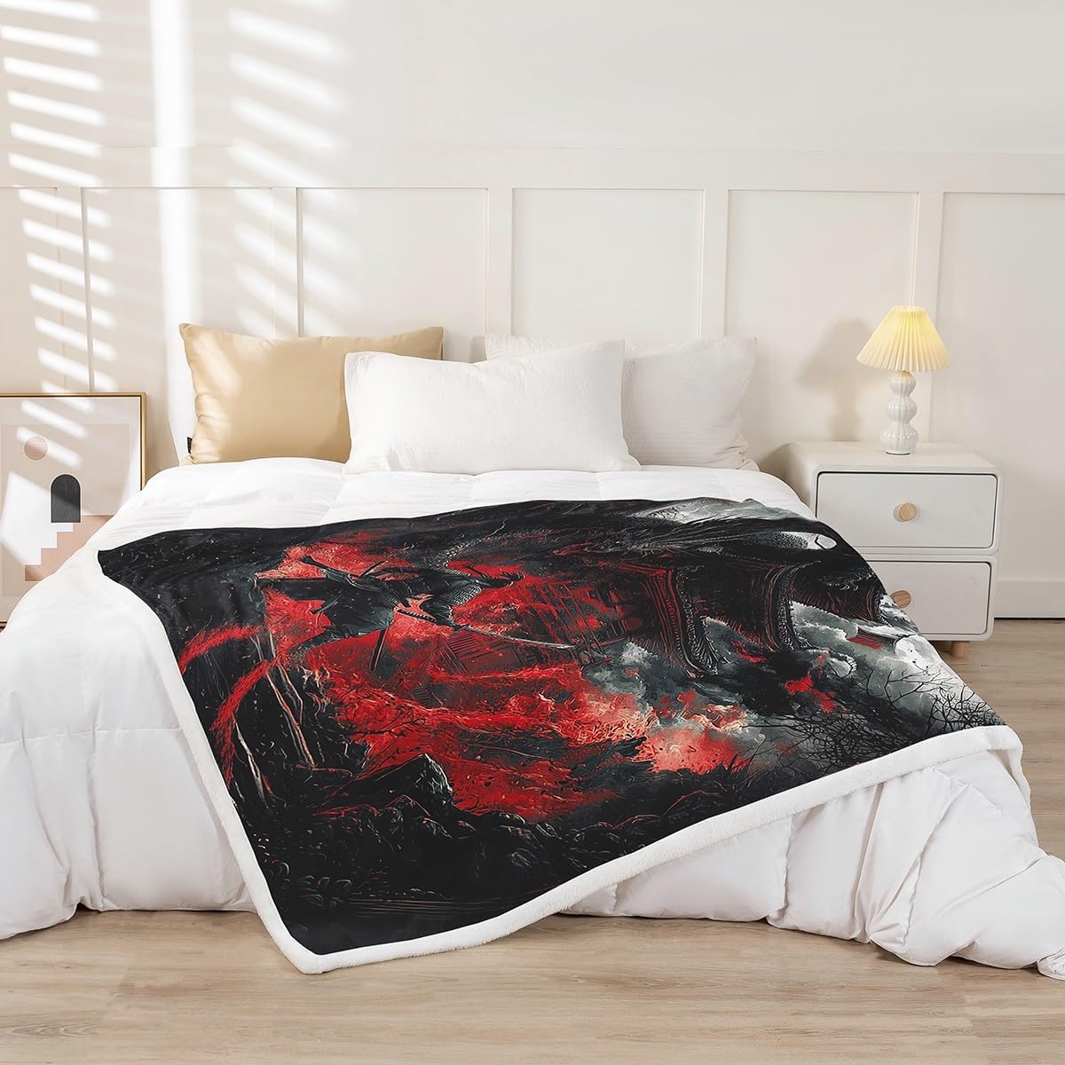 Feelyou Dragon Fleece Throw Blanket Queen 90"x90" Japanese Style Plush Blanket for Boys Girls Teens Samurai Sherpa Blanket Dragon Decor Fuzzy Blanket Room Decor Black Red Flannal Blanket