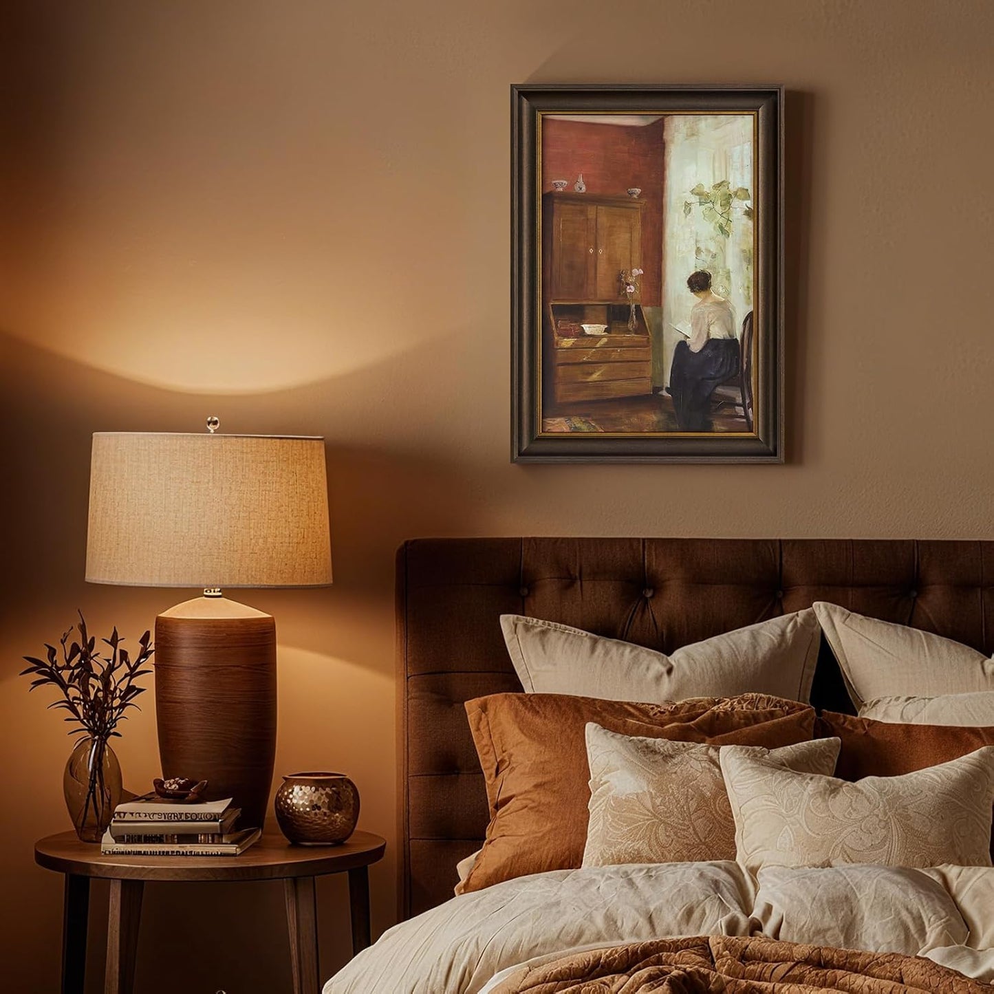 Vintage Gold Framed Canvas Book Wall Art, Woman Reading by Window, Rustic Gold Framed Canvas Prints Oil Painting Pictures, Farmhouse Room Decor for Bedroom Study Room Dorm,Gift for Book Lovers,8x12 Vintage Art Print