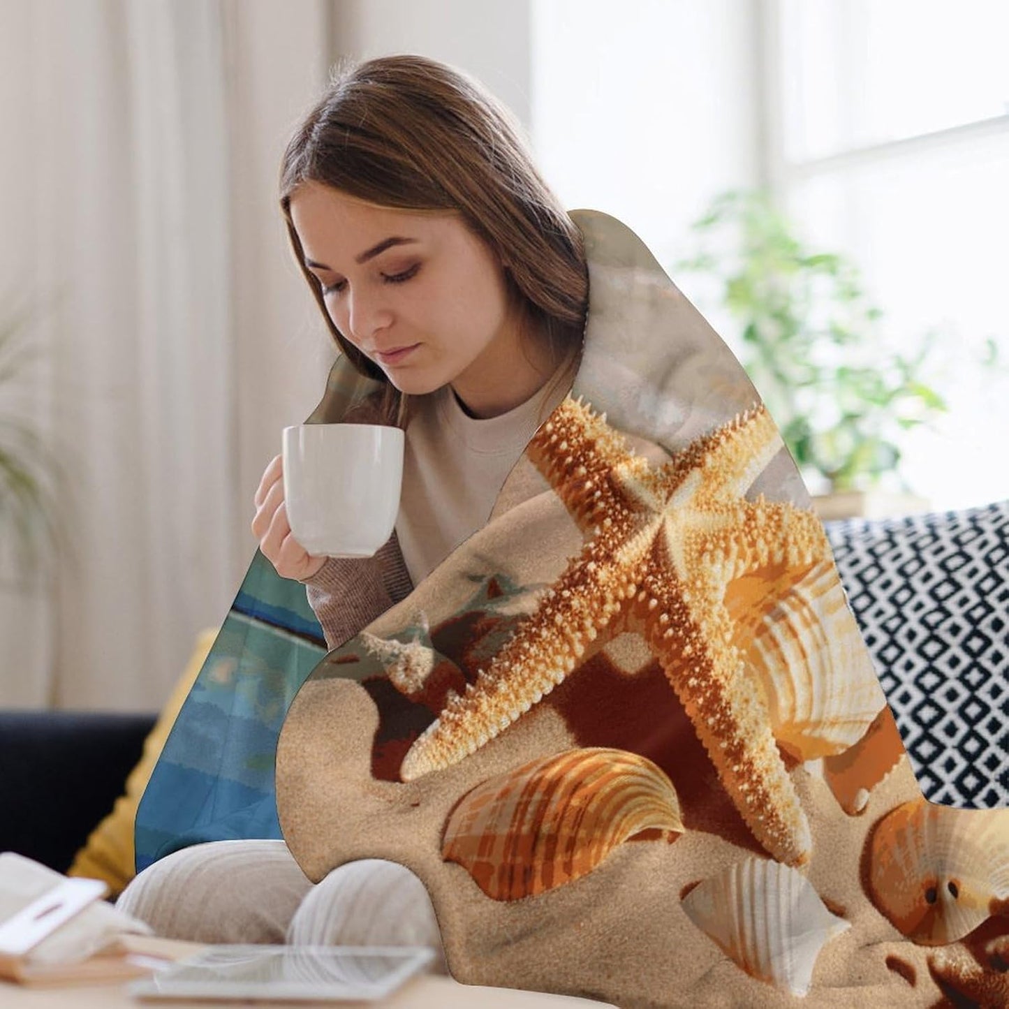 Seashells Starfish on Beach Blanket Super Soft Lightweight Throw Blanket Cute Cozy Warm Bed Blanket Decorative Fuzzy Blanket All-Season Home Decor Gift for Sofa Couch Living Room 50"*60"（130 * 150cm）