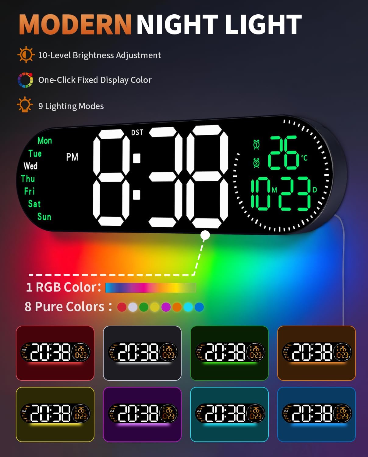 17.2 Inch Large Digital Wall Clock with 9 Color Changing Remote Control, Date Week Temperature, Auto Brightness Dimmer Big Clock Night Lights,Green