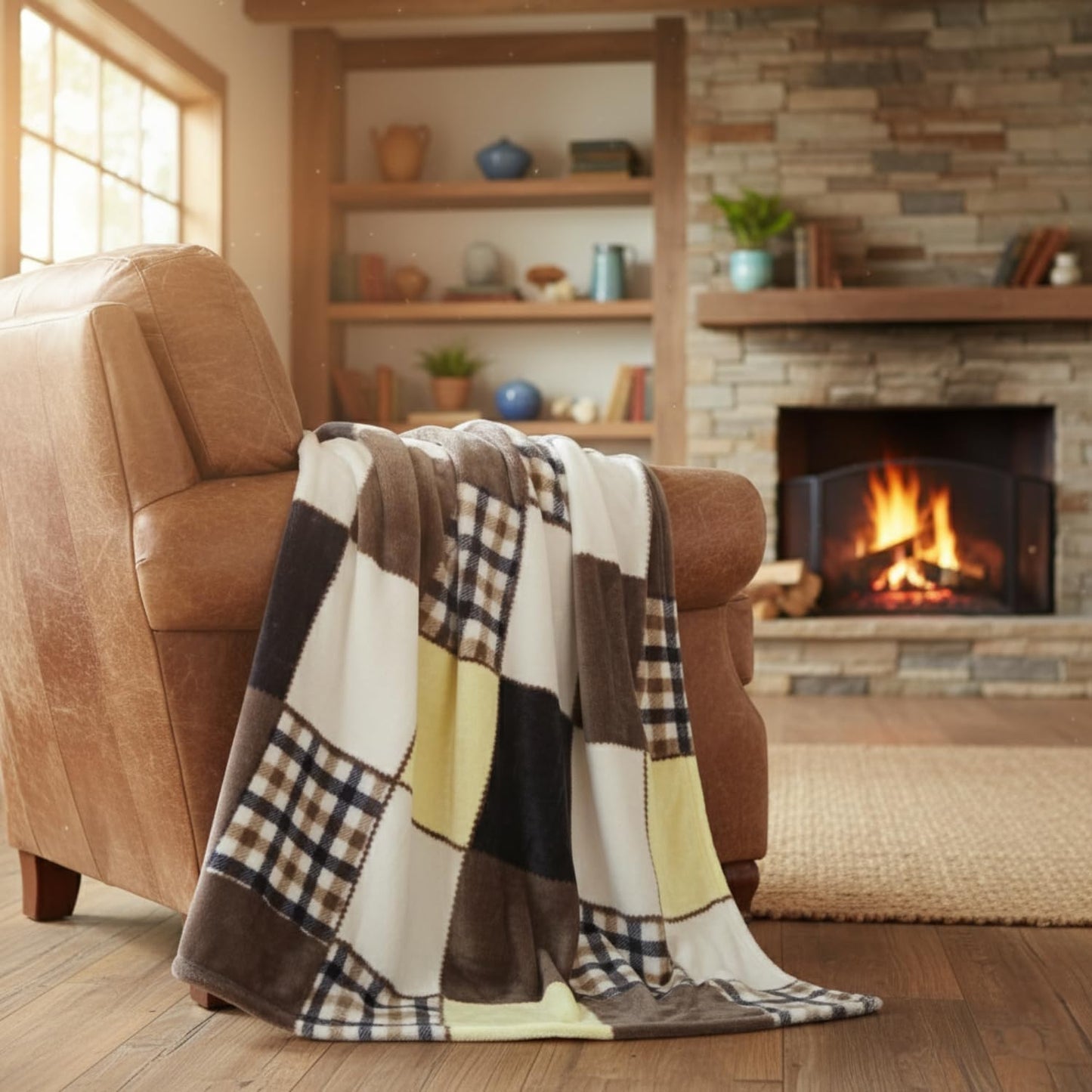 Tache Buttermilk Yellow Brown Farmhouse Super Soft Micro Fleece Plaid Patchwork Plush Lightweight Dual-Sided Decorative Couch, Sofa, Travel, Lap, Bed Easter Throw Blanket, 50x60