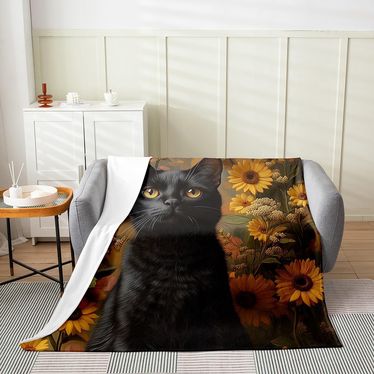 Feelyou Sunflower Black Cat Plush Throw Blanket,Floral Black Cat All Season Bed Blanket Queen 90"x90",Kids Boys Girls Room Decor,Vintage Black Cat Flannel Fleece Blanket,Animal Cat Blanket