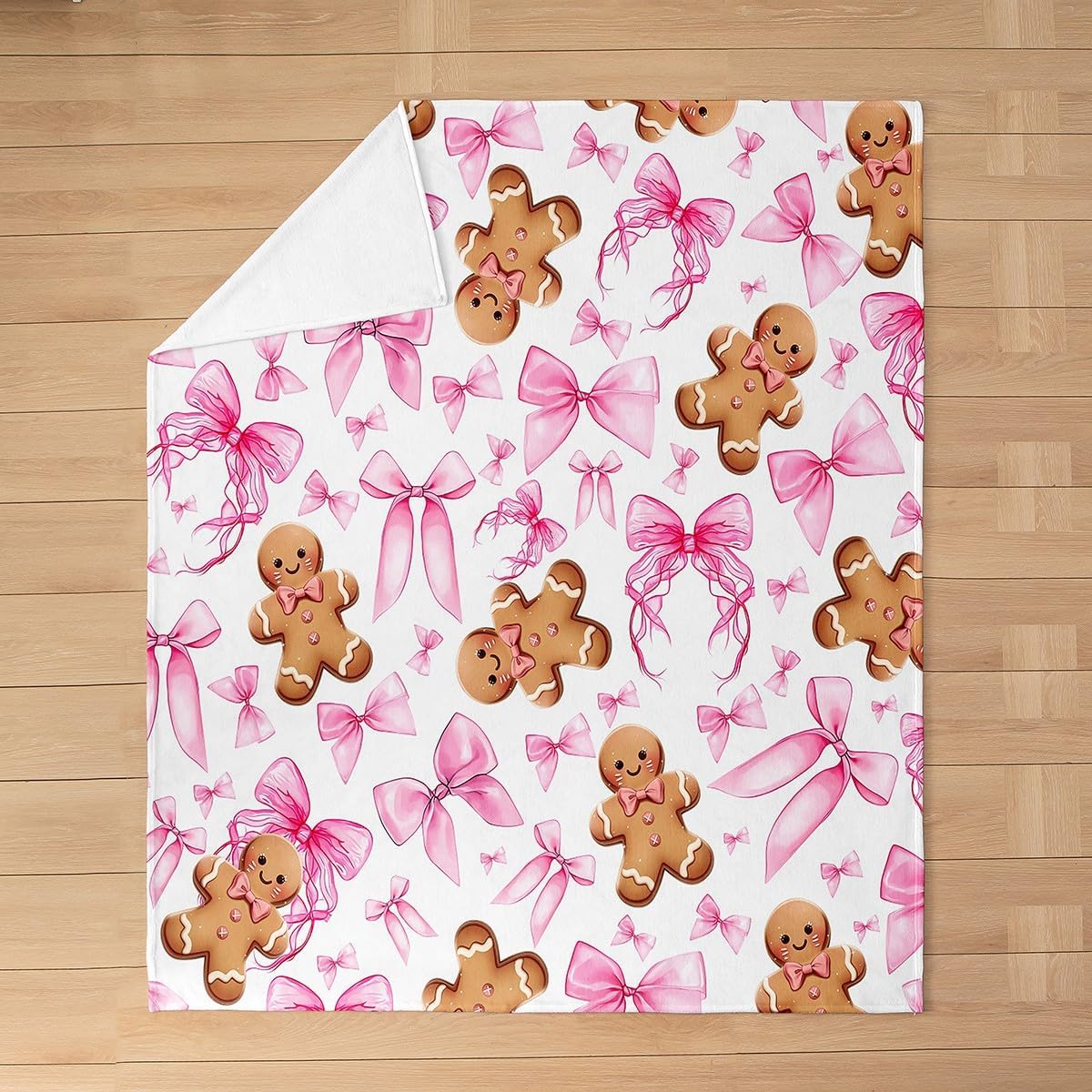 Feelyou Pink Bowknot Flannel Fleece Throw Blanket Gingerbread Man Fuzzy Blanket Twin 60"x80" for Sofa Couch Room Decor Merry Christmas Dreamy Princess All Season Bed Blanket Xmas Theme Plush Blanket