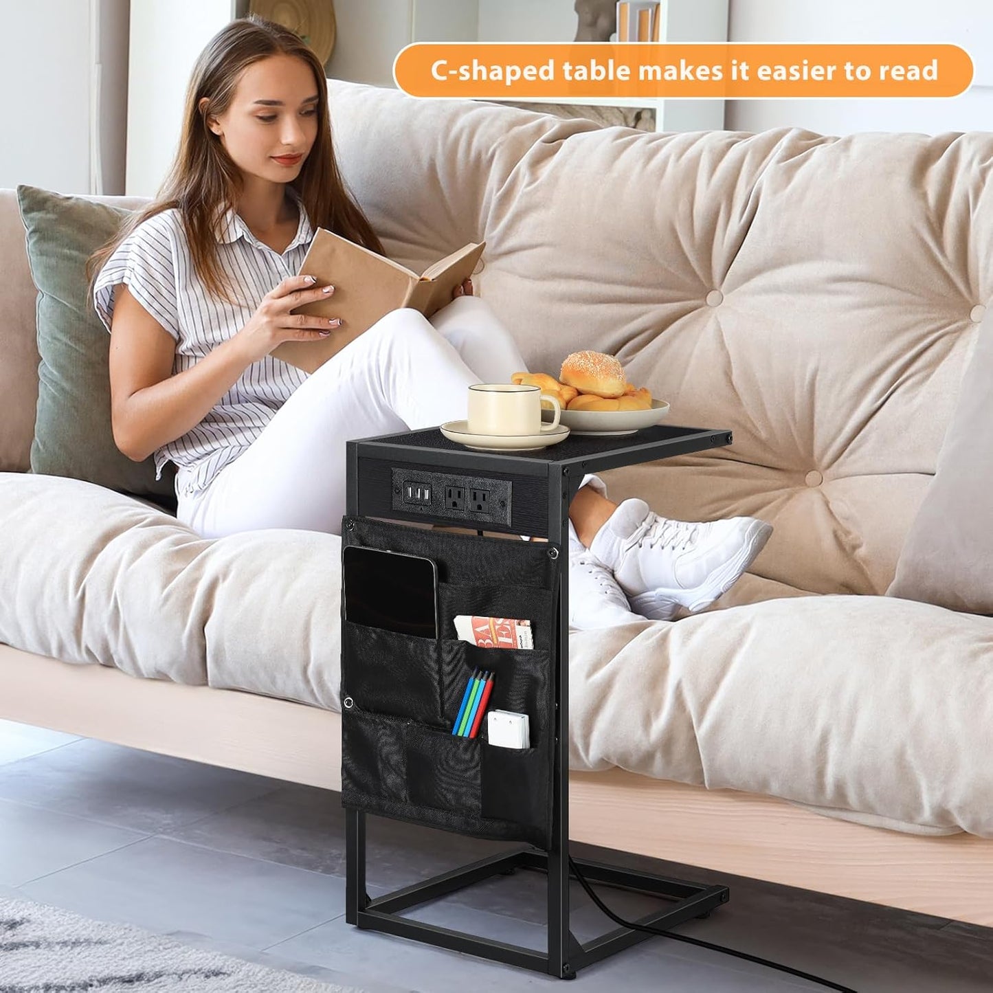 C Shaped End Table Set of 2, TV Tray with Charging Station, USB Ports and Outlets, Slide Under Couch, Storage Bag, for Small Spaces, Black
