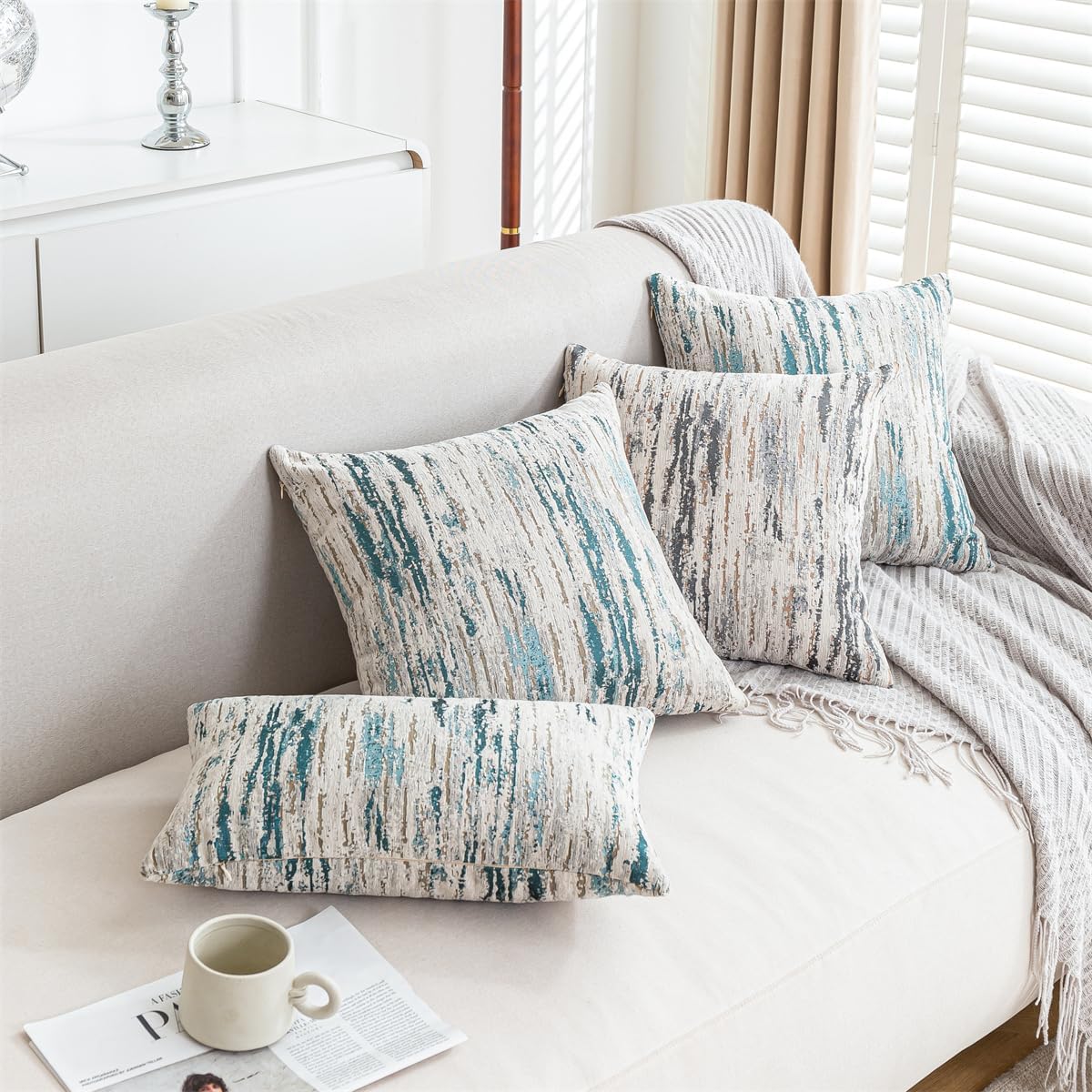Lumbar Pillow Covers 12x20 Inch Set of 2 - Chenille & Jacquard Textured Cushion Covers with Abstract Striped Design - Modern Coastal Decor in Cream Beige & Teal Ombre
