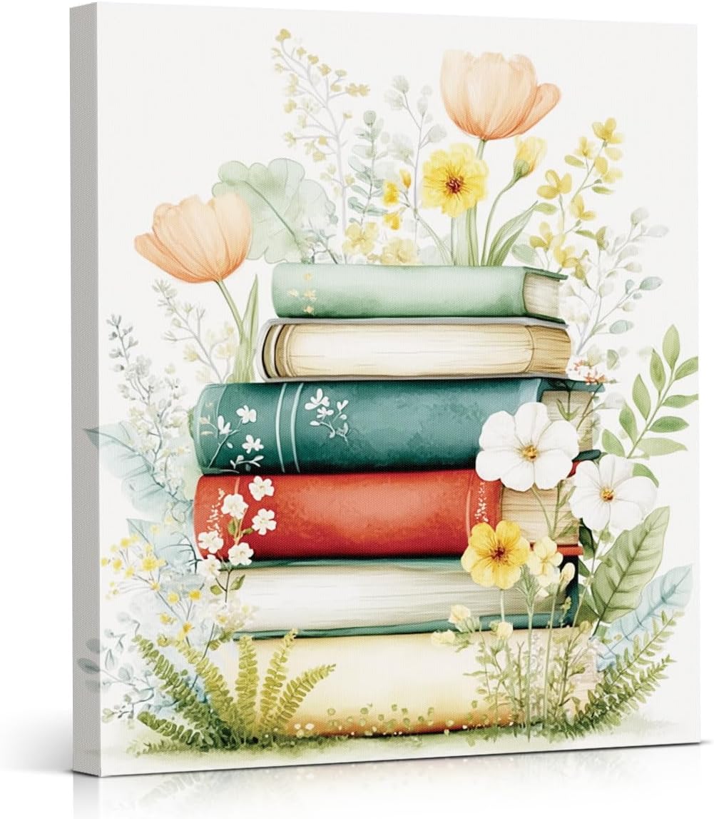 YJIKRTVT Floral and Book Canvas Wall Art, Aesthetic Reading Nook Decor, Botanical Flowers Watercolor Canvas Printing Artwork, Painting Artwork Wall Decor for Living Room Bedroom 8x10 Inches