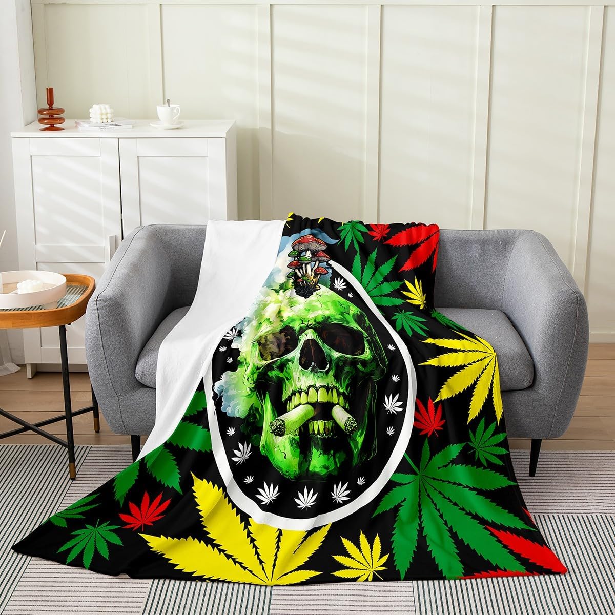 Gothic Skull Flannel Blanket,Cannabis Leaf Marijuana Weed Throw Blanket,Trippy Skeleton Halloween Theme Cozy Throws for Bed Couch Sofa,Green Black Soft and Breathable,Throw Size (50 x 60 Inches)