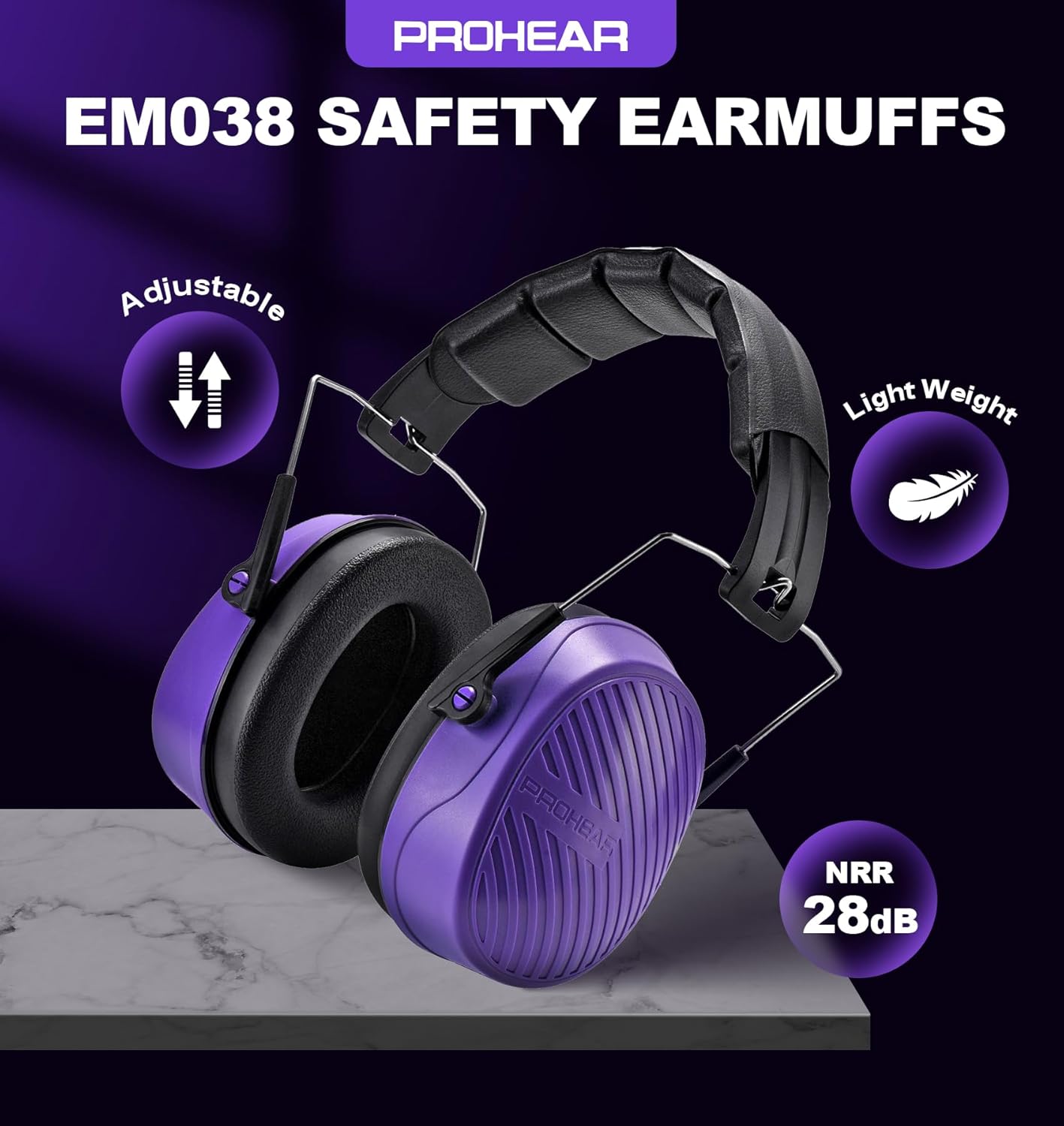 PROHEAR 038 Ear Protection Safety Earmuffs for Mowing, 28dB Noise Reduction Passive Hearing Protector, Compact Foldable Headset for Shooting Construction Power Tools, Purple