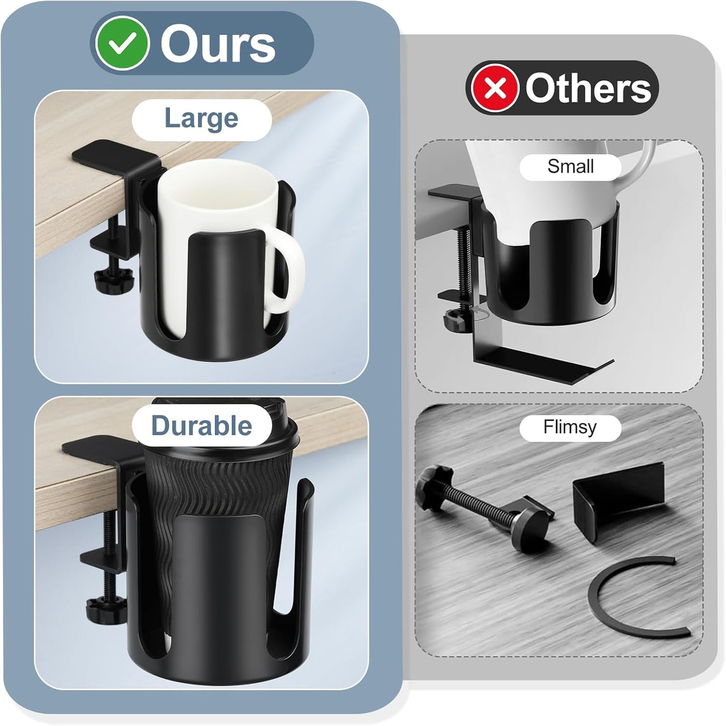 Large Desk Cup Holder Clamp, Anti-Spill Cup Holder Clip on Table or Chair Armrests, Easy to Install, Diameter 3.9 Inch, Fit Most Cups Coffee Mugs Bottles and Drinks -Black