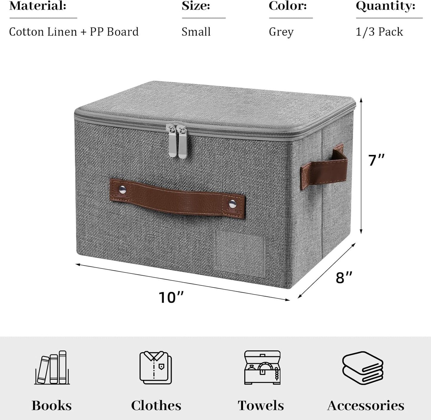 Lucky Monet 1PCS Storage Bins with Zipper Lids 10"x8"x7" Foldable Lidded Fabric Storage Boxes Baskets Cotton Linen Closet Shelf Clothes Organizer Container with Handles & Label Pocket (Grey, Small)