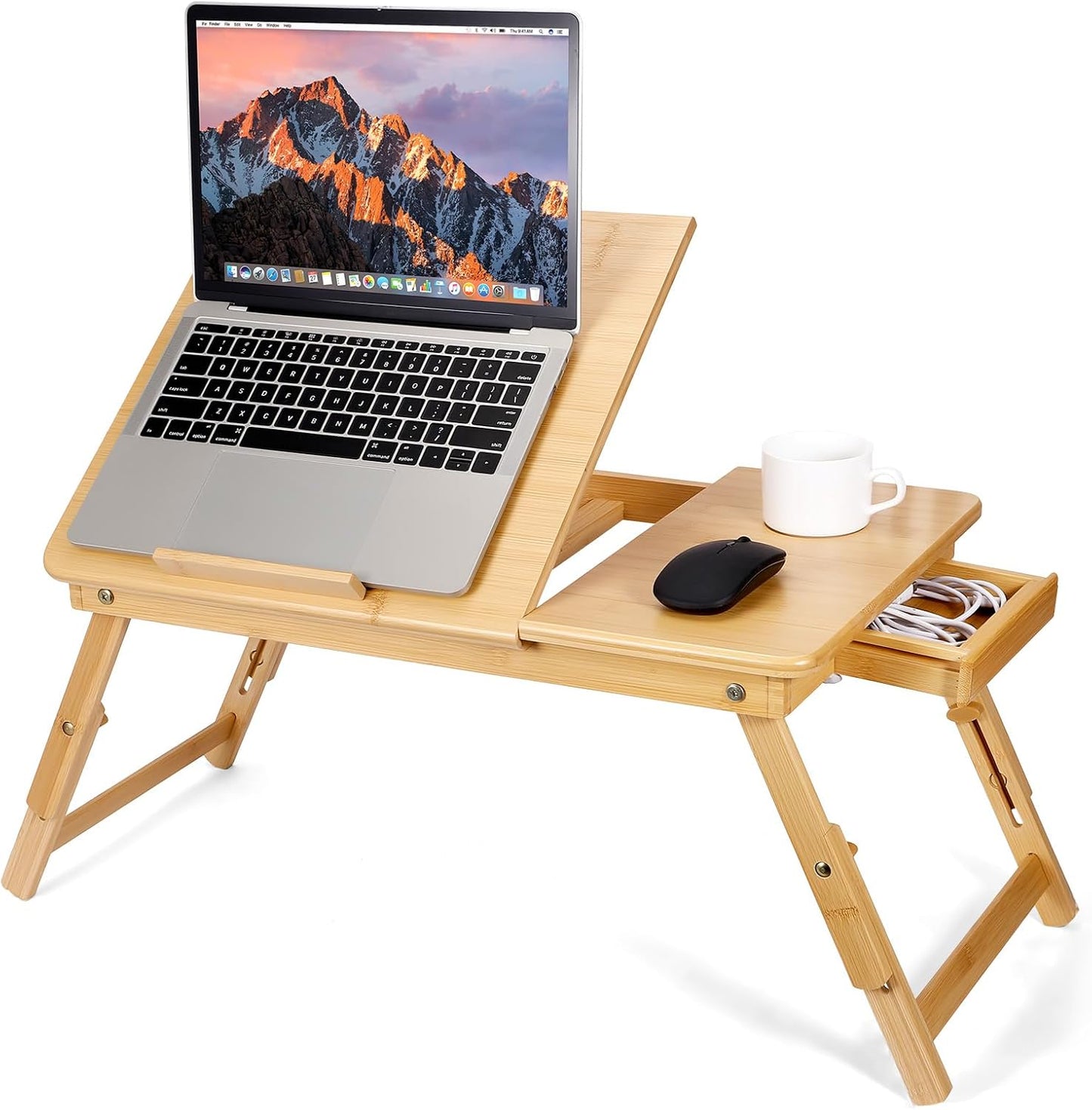 Bamboo Laptop Lap Desk with Vent, Folding Lap Tray Table with Adjustable Height, Tilting Top and Drawer, Portable for Bed Couch Working Reading Writing