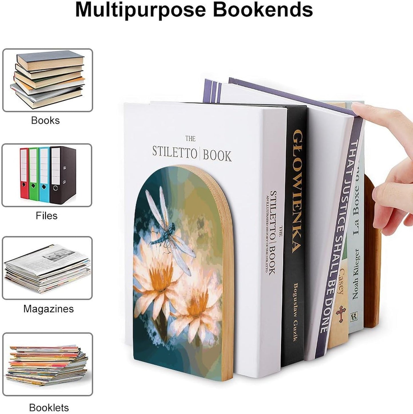 Flying Dragonflies Lily Flower Bookend for Shelves Wooden Book End Large Size Sturdy Book Holders Stoppers with Metal Base for Bookshelves Slick Decorative Bookends Stands