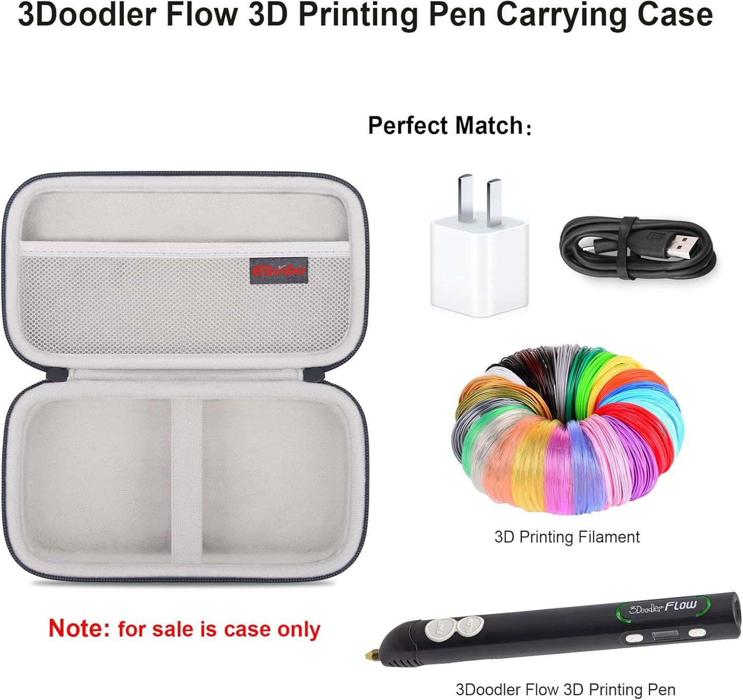 Elonbo 3D Pen Carrying Case for 3Doodler Flow 3D Printing Pen for Teens, Extra Mesh Pocket Fits Plastic Filament Adapter, Black (Case Only !)