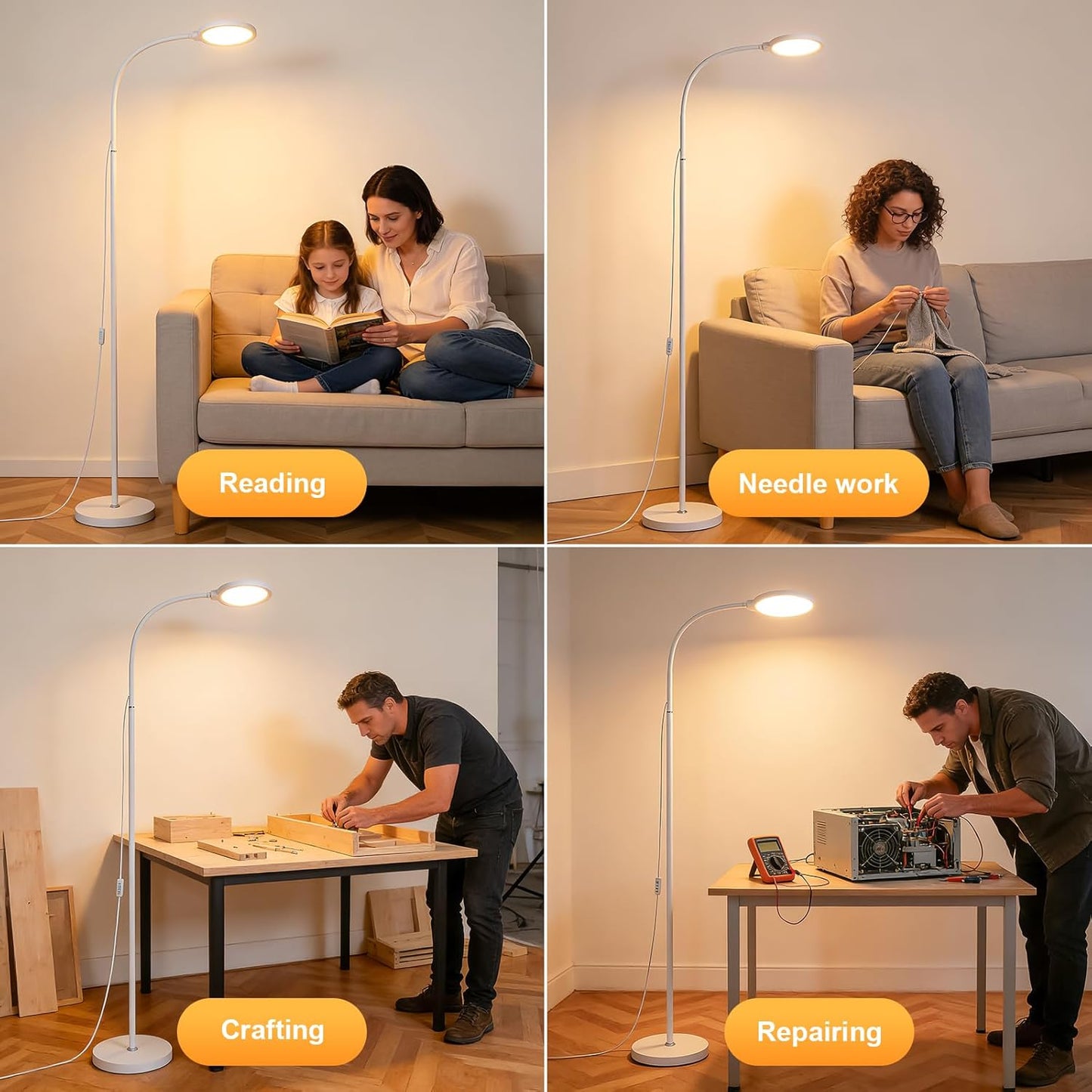 White Modern Bright LED Floor Lamp Adjustable Gooseneck Standing Lamp with Dimmer & Color Temperature, for Living Room,Kids Bedroom,Office, Nursery Library Desk Reading Light, Eyelash Makeup light