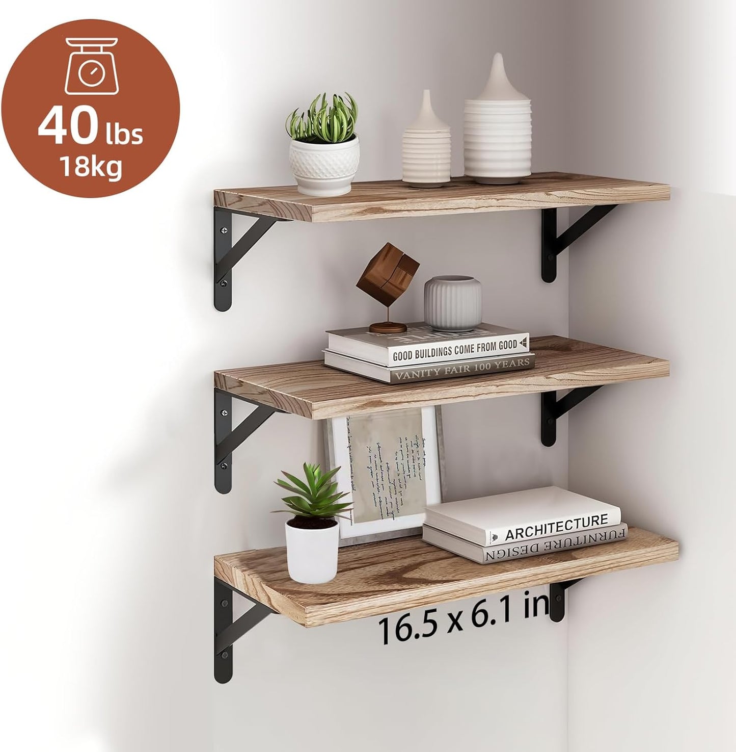 Wood Floating Shelves for Wall Set of 3, Floating Shelves with Storage, Shelves for Room Wall Decor for Bedroom, Bathroom, Living Room, Office (Brown, 16.5")
