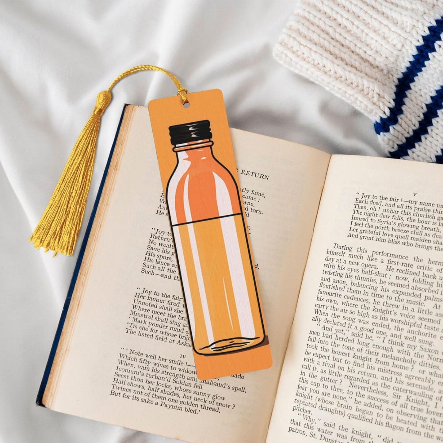 Orange Bottle of Water Bookmarks Gifts for Women Men, Wooden Bookmarks for Book Lovers, Vintage Book Marks Ornaments with Tassel, Unique Personalized Reading Page Markers Gold