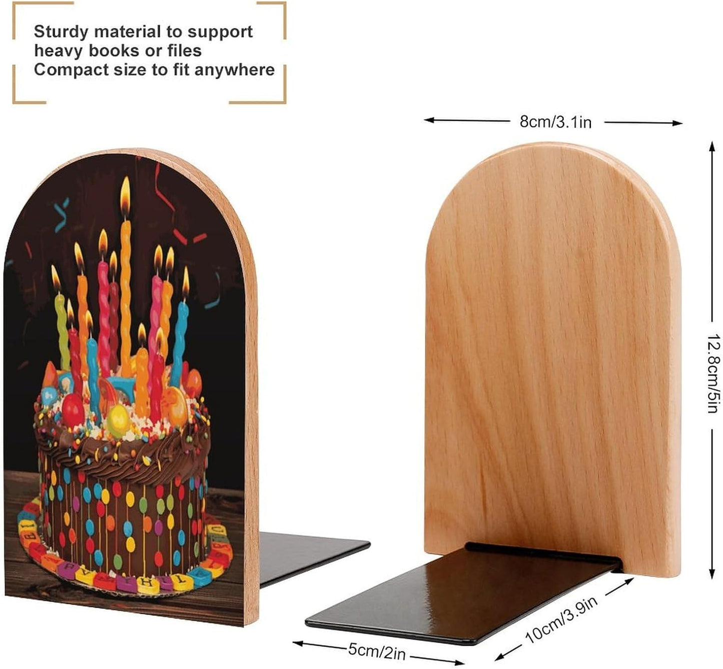 Happy Birthday Big Cake Bookends 1 Pair Heavy Duty Book Ends for Shelves Non-Skid Bookend Supports Wooden Book Holders with Metal Base Desk Organizers Books Storage to Hold Books
