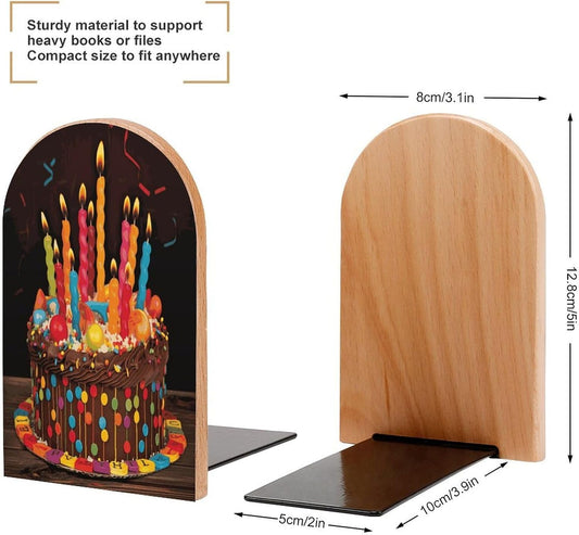 Happy Birthday Big Cake Bookends 1 Pair Heavy Duty Book Ends for Shelves Non-Skid Bookend Supports Wooden Book Holders with Metal Base Desk Organizers Books Storage to Hold Books
