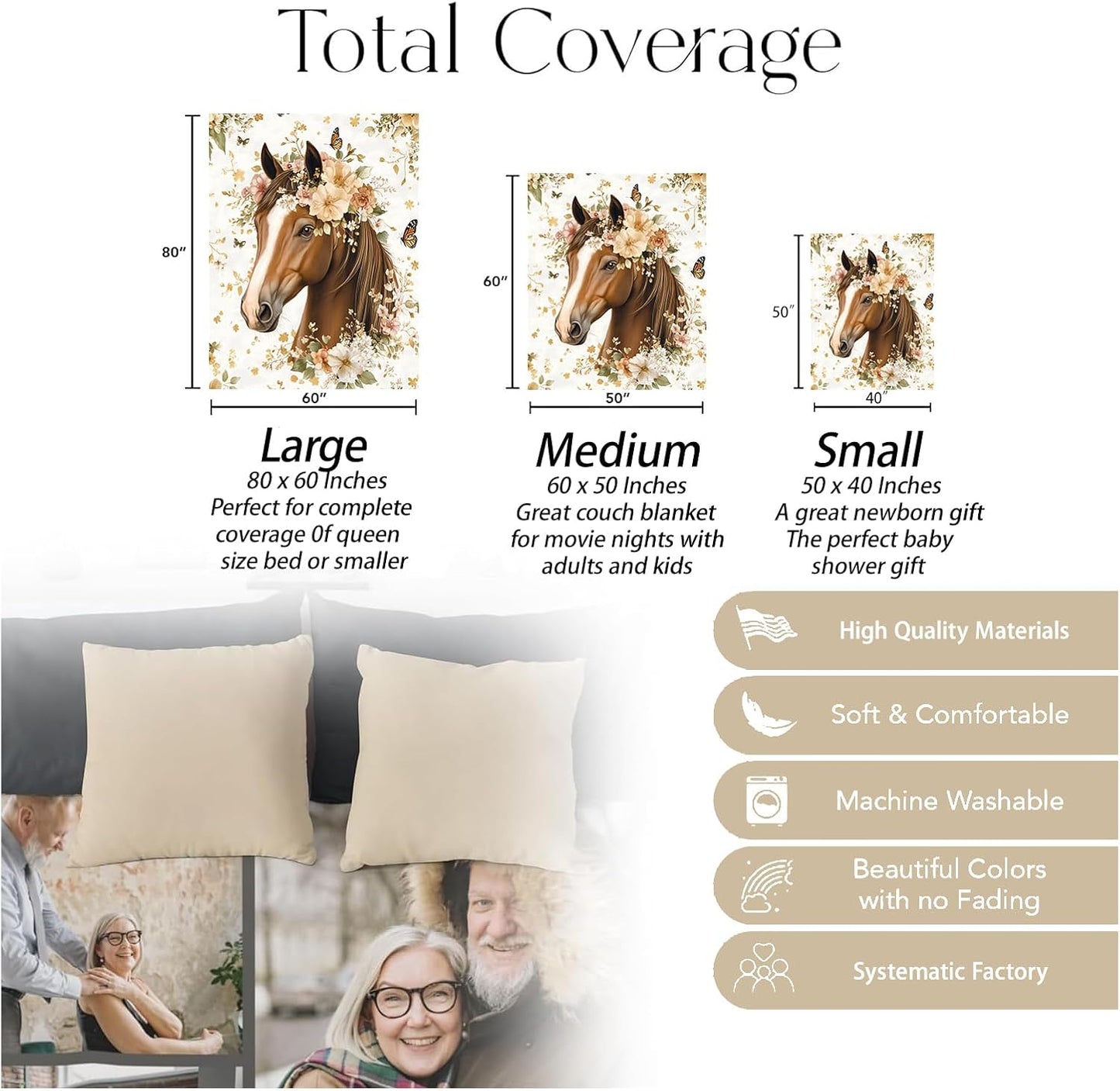 Pretty Floral Horse Blanket, Soft Warm Cozy Vintage Animal Throw Blanket Gifts for Adults Kids Women, Lightweight Fuzzy Comfy Flannel Blankets for Couch, Travel, Bed, House Decor 60×50 Inch