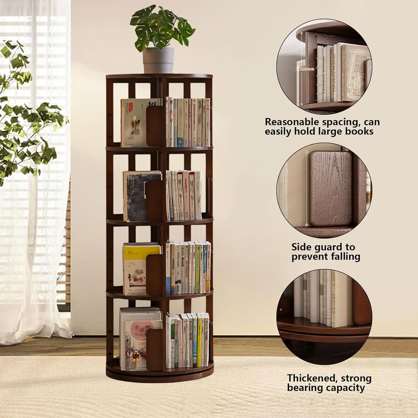 AIZYR Solid Wood Rotating Bookshelf 4 Tier Floor Standing Bookcase, Spinning Book Shelf Display Wood Narrow Storage Rack for Small Space Study Office