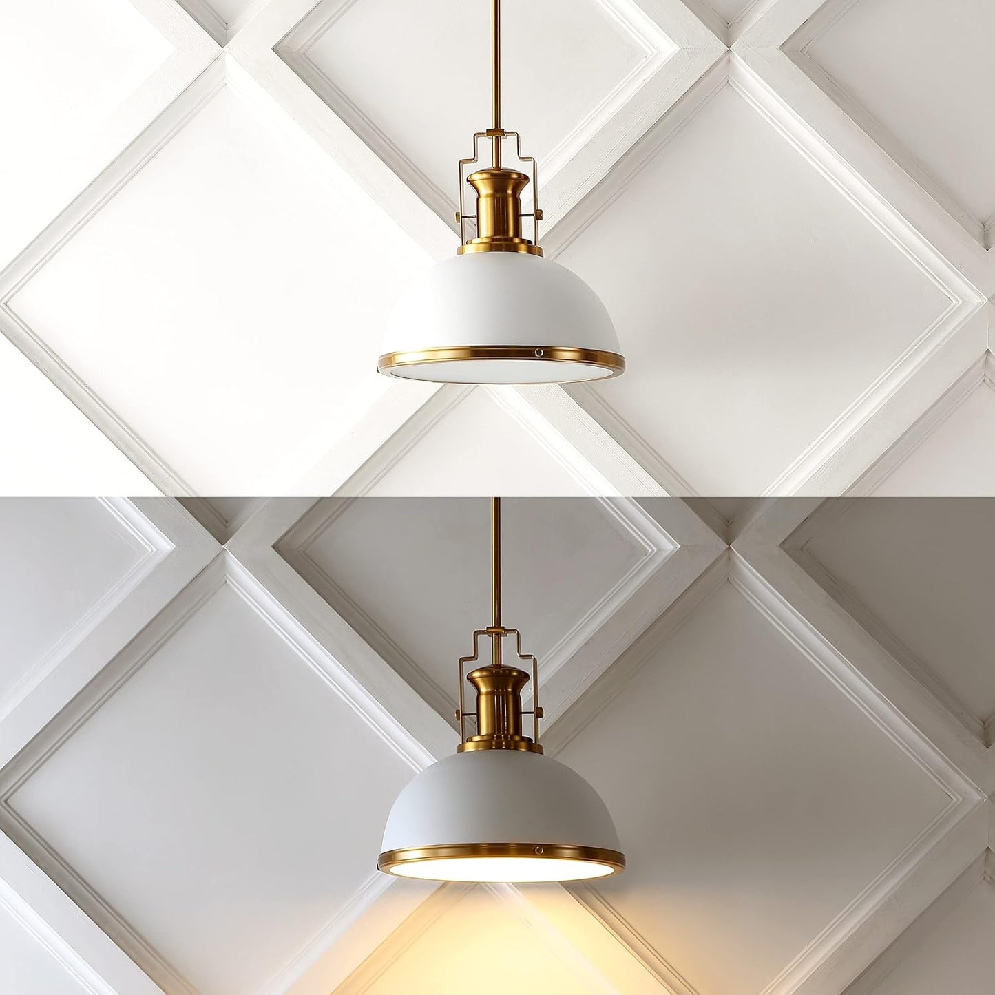 JONATHAN Y 13" Brass Gold/White Modern Industrial Iron LED Dome Pendant Light, Adjustable Hanging Fixture for Kitchen Island or Entryway, Black Metal Shade, LED Bulb Included (JYL9536D)