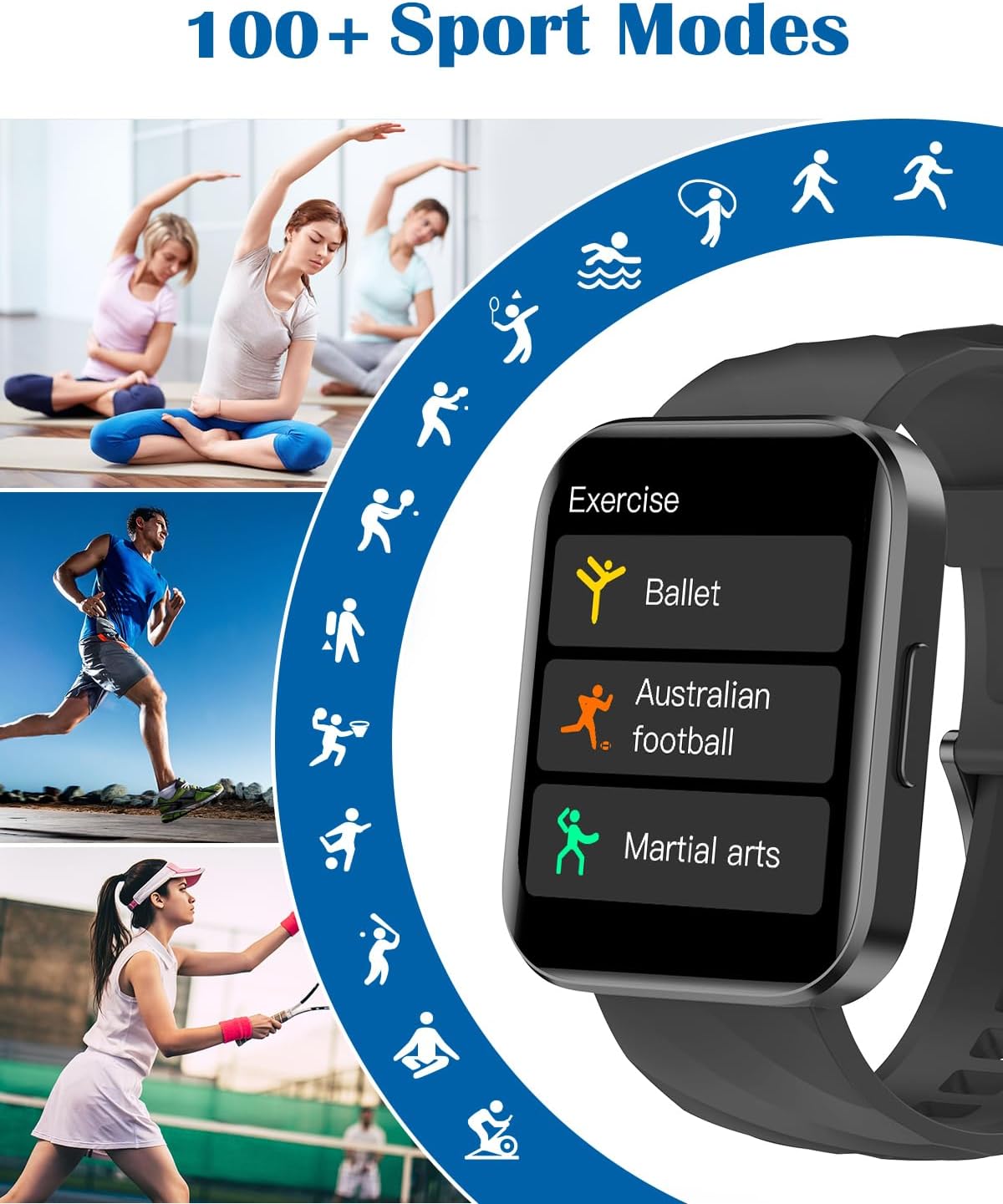 RUIMEN Smart Watches for Men Women (Answer/Make Calls) Compatible with iPhone/Android Phones, 1.85" HD Screen Fitness Tracker Heart Rate Monitor 100+ Sports Tracker Watch Waterproof (Black)