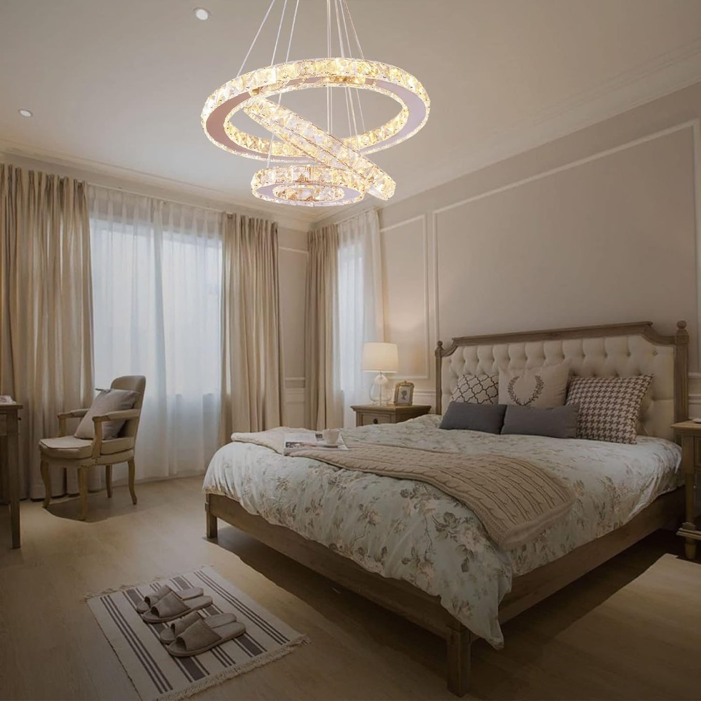 LED Chandeliers Modern Crystal 3 Rings Ceiling Lighting Fixture Adjustable Stainless Steel Pendant Light for Bedroom Living Room Dining Room(Warm White)