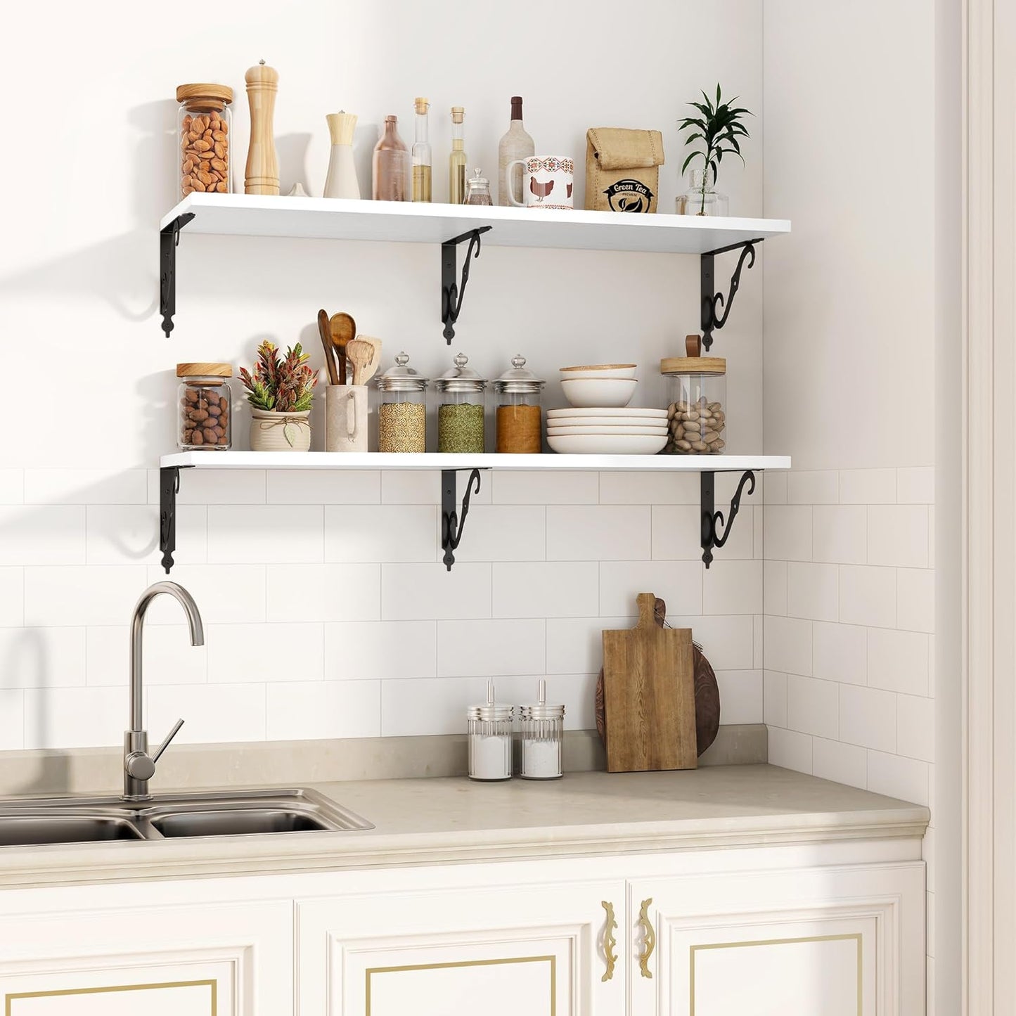 Fun Memories 40 Inch Floating Shelves Wall Mounted, 12 Inch Deep Wall Shelves with Bracket, Rustic Hanging Bookshelf, 40" Bookshelves for for Living Room, Kitchen and Bedroom, White, Set of 2