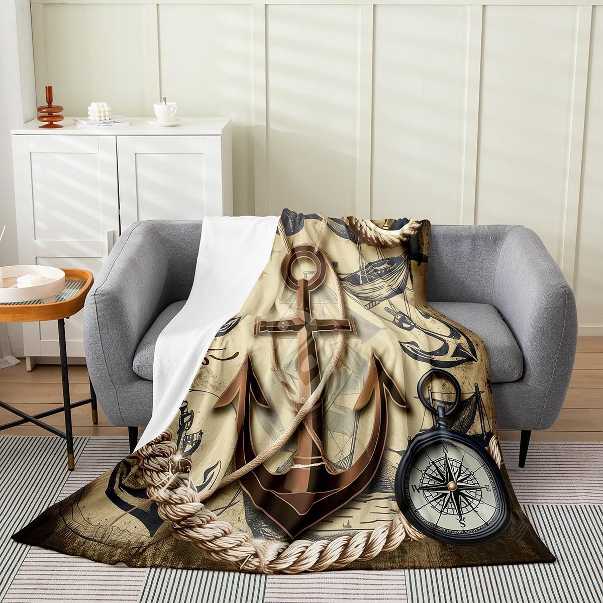 Erosebridal Nautical Anchor Blanket Queen 90x90,Vintage 3D Ship Anchor Fuzzy Blanket for Boys Girls Teens,Navigation Compass Fleece Blanket for Sofa Bed Couch,Retro Navigation Theme Throw Blanket