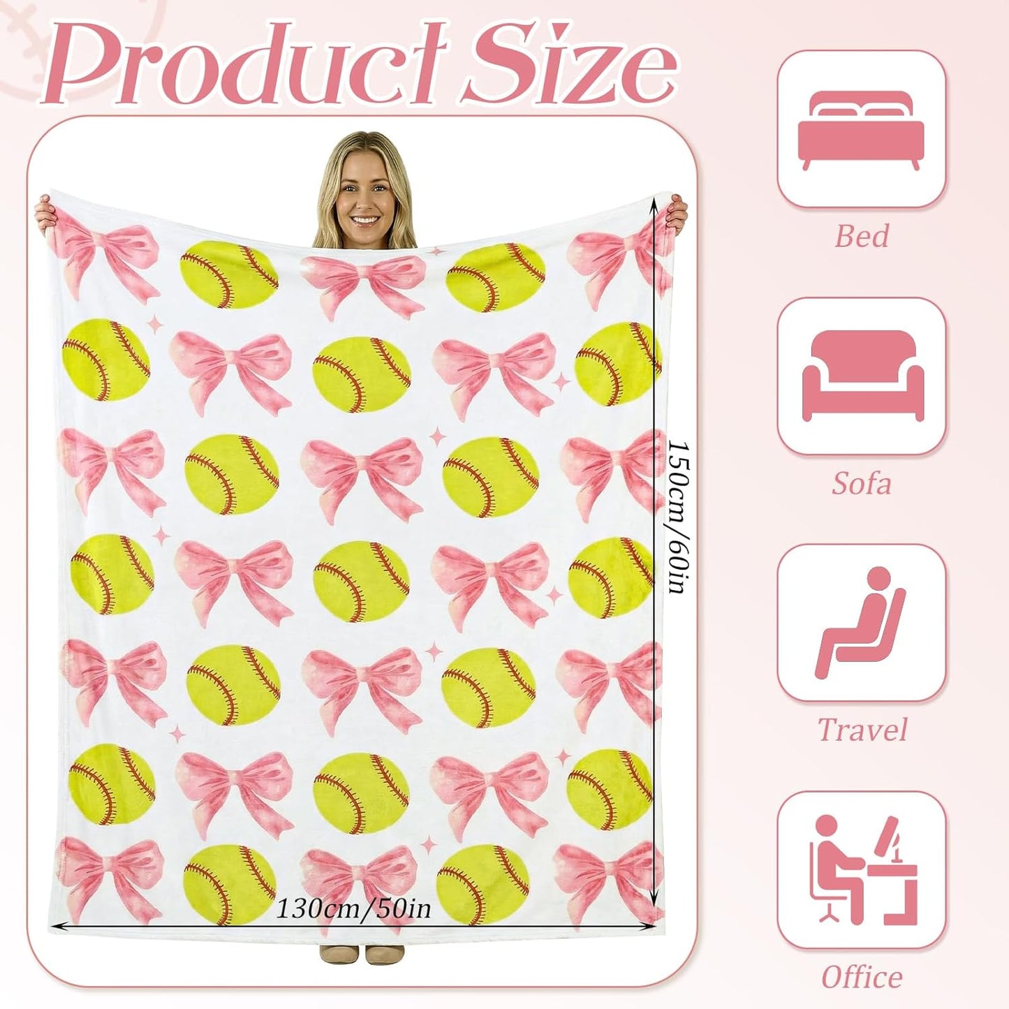 Softball Blanket 50''x60'', Coquette Pink Bow Soft Throw Blanket Softball Gifts for Girls Women Team Players Coach Unique Gifts for Sports Lovers