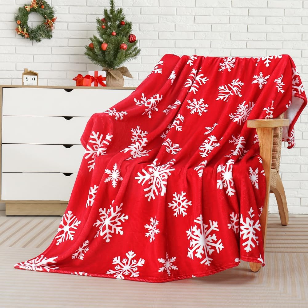 Christmas Red Throw Blanket White Snowflake Throw Blanket Xmas Winter Holiday Cozy Fuzzy Plush Throw Blankets Super Soft Lightweight Throw Blankets for Women Men 50" X 60"
