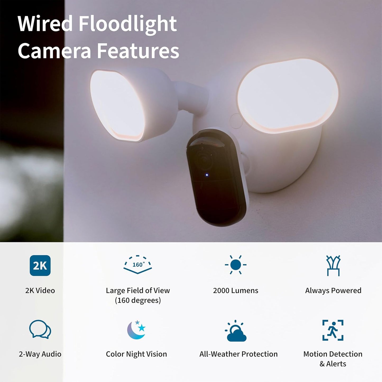 Arlo Wired Floodlight Camera, Home Security Camera with 2K Video and HDR, 2000 Lumens, Integrated Siren, Weather-Resistant, Color Night Vision, 160º Field of View, 2-Way Audio, White (2025)