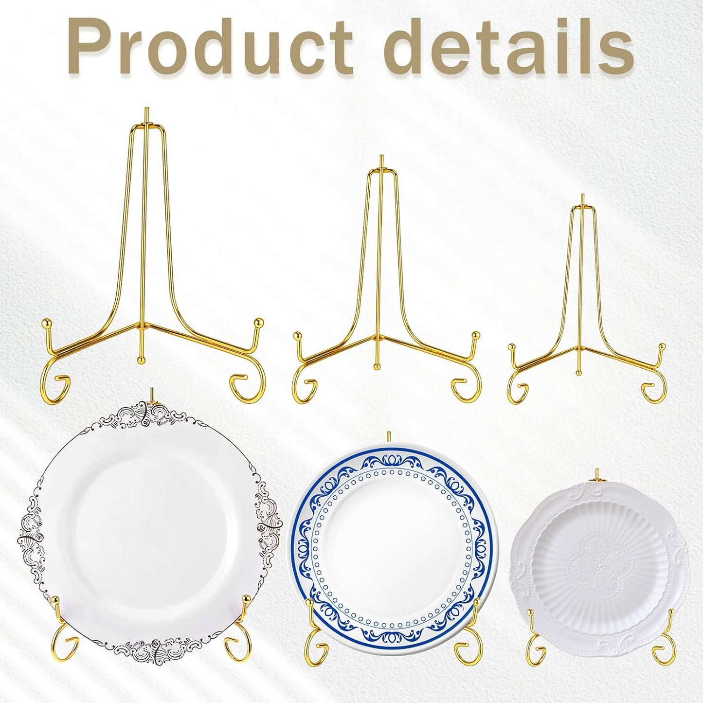 12 Pack 3 Size Improved Anti-Slip Plate Stands for Display, Gold Iron Display Stand, Easel Plate Display Photo Holder Stand, Iron Wire Easel Frame Stand for Displaying Pictures, Plates and Arts (4, 6, 8 Inch)