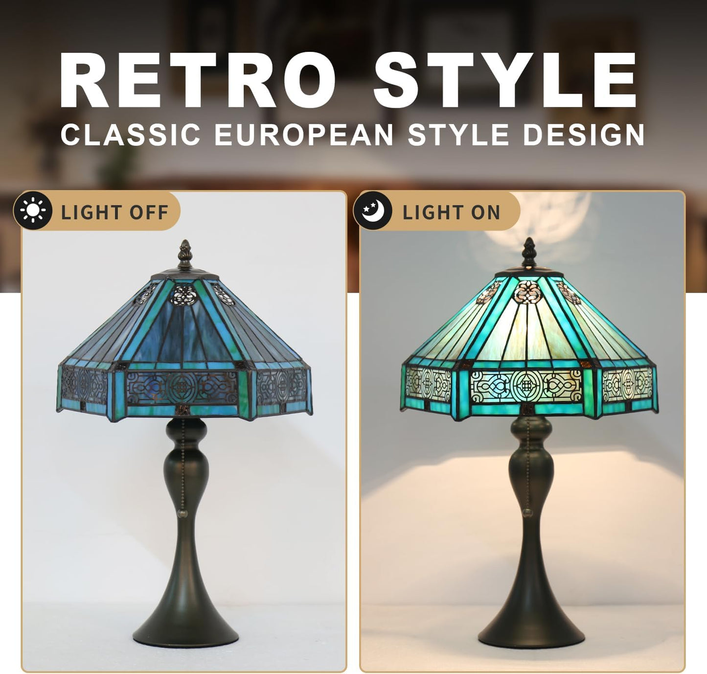 Tiffany Style Table Lamp, Stained Glass Lamp, 12x12x19 Inch, Vintage Metal Base Desk Light,（Green）