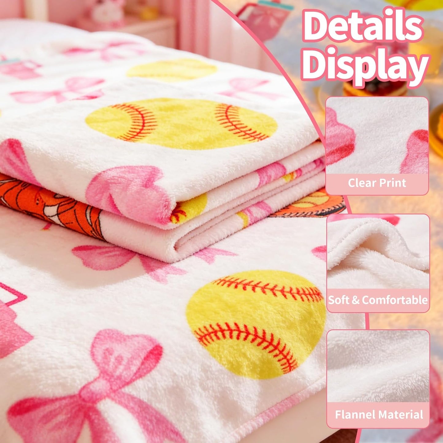 Pink Softball Bow Blanket 50x60 Inch Pink Coquette Bow Flannel Throw Blanket Team Gifts for Girls Women, Cozy Fleece Sports Blanket for Couch Bed Game Day Team Coach Senior Night