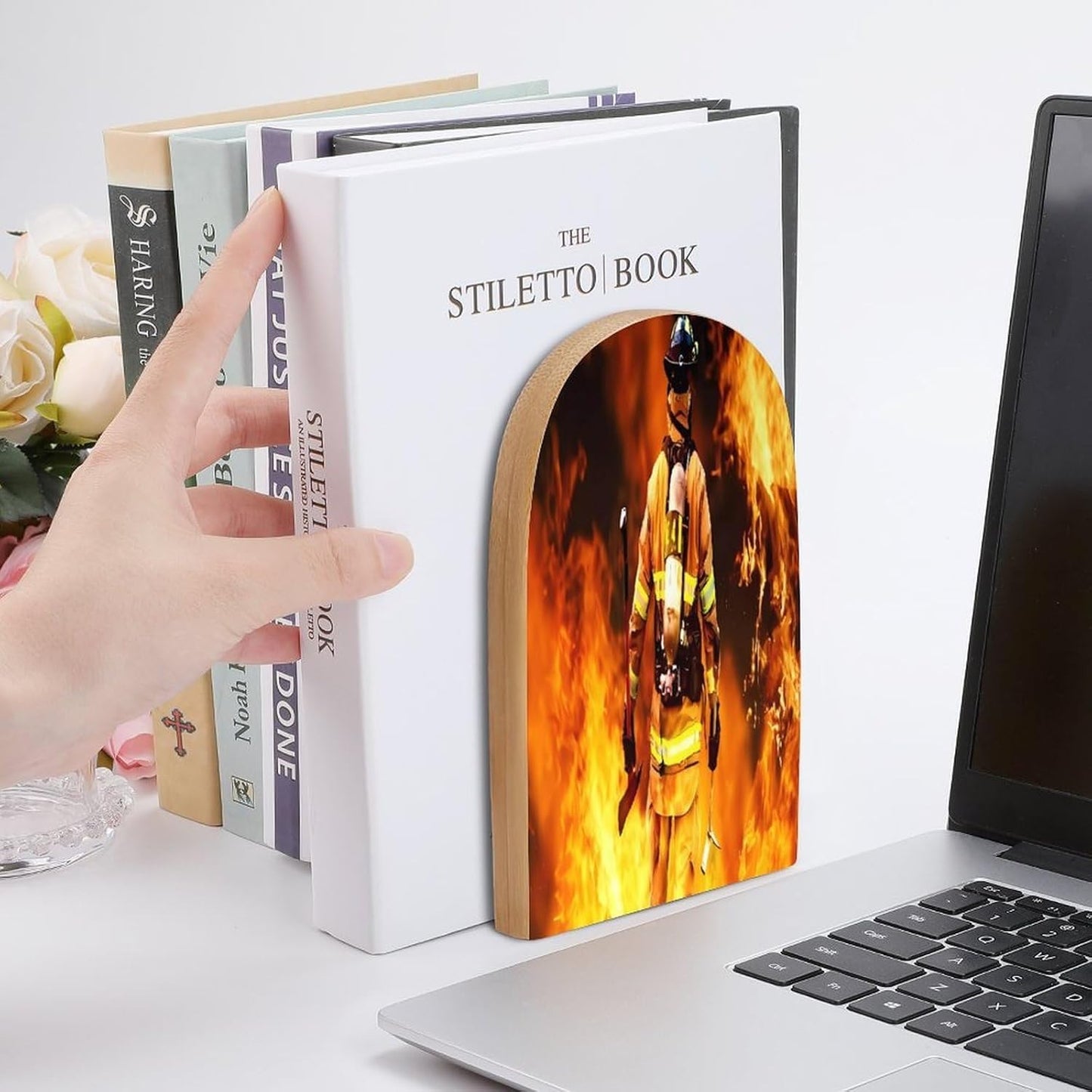 Firefighter Fireman Flame Wooden Bookend Non-Slip Book Ends Heavy Duty Book Stopper with Metal Base Books Holderd Decorative Bookends Stands Firmly for Office Supplies