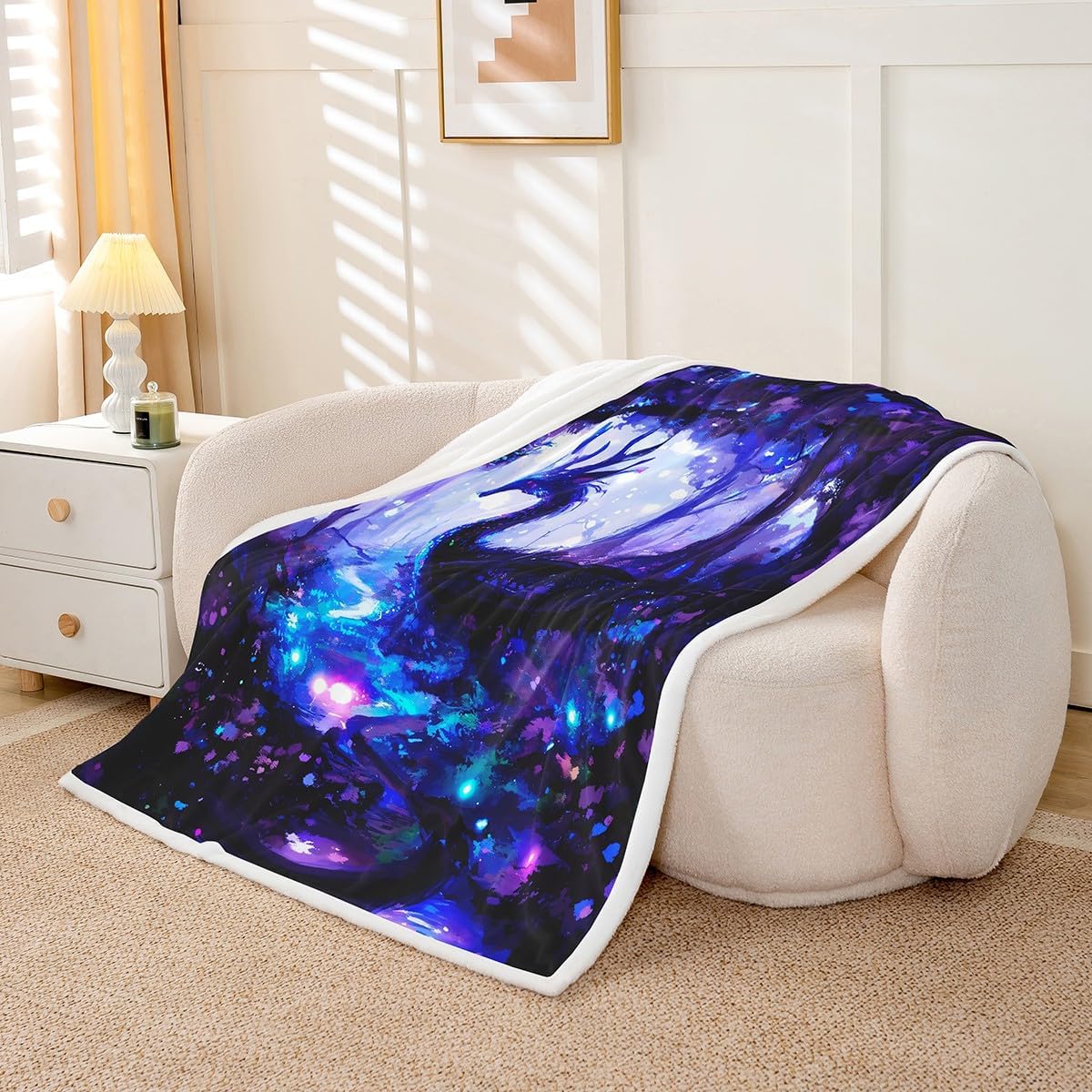 Feelyou Dragon Sherpa Blanket Magical Fantasy Fleece Throw Mythical Creatures Plush Blanket Boho Psychedelic for Sofa Bed Couch,Blue,Queen 90x90 Inch