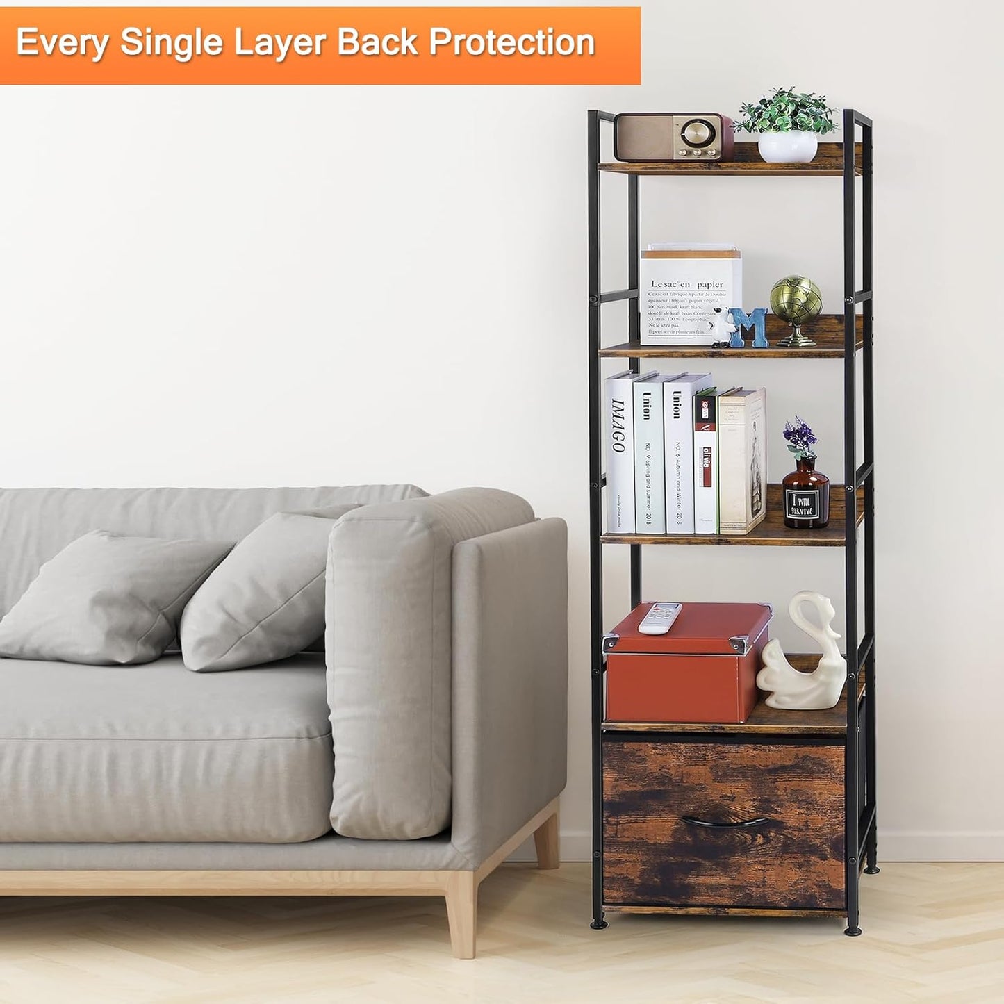 5 Tier Bookshelf with Drawer Wood Metal Rustic Brown,Bookcase with Shelves Tall Narrow, Shelf with Cabinet,Corner Book Shelves Storage Organizer, Display Standing Shelves Unit Bedroom,Living Room