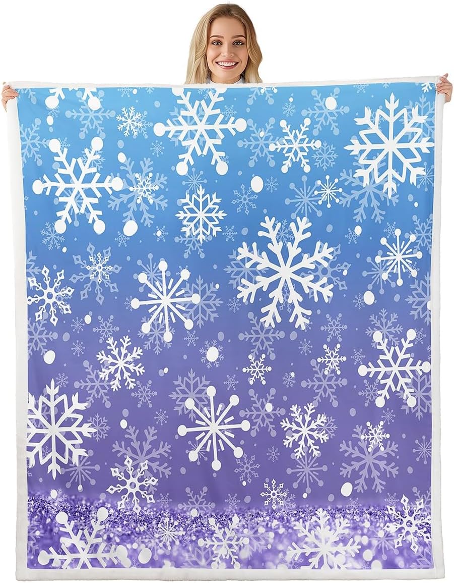 Feelyou Blue and Purple Snowflake Fleece Throw Blanket Winter Snowflake Sherpa Blanket for Kids Women Men Plush Fuzzy Christmas 40"x50" Holiday New Year for Bed Couch Chair Living Room Bedroom Decor