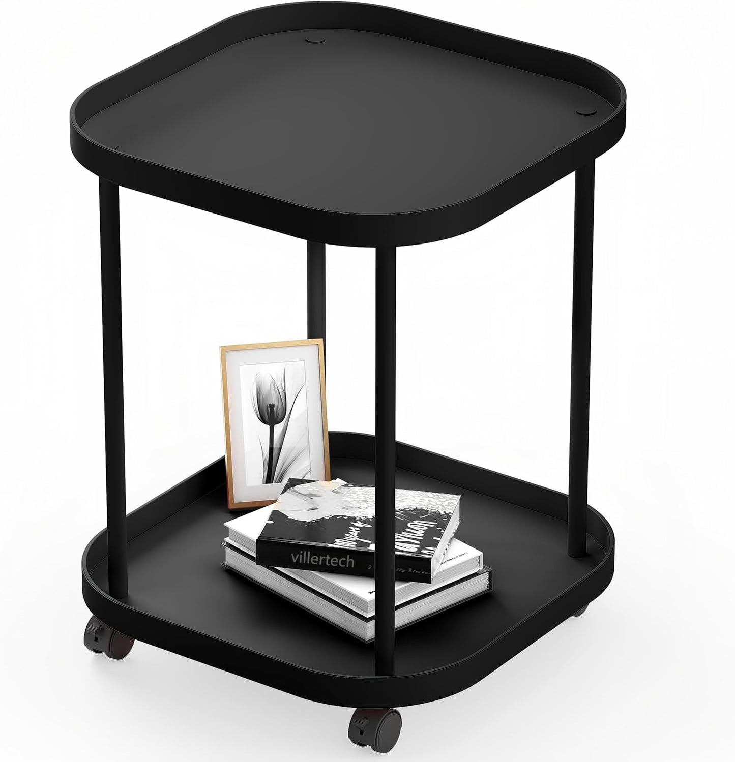 Side Table with Wheels, End Table Living Room Plastic Mobile Sofa Side Table Small Night Stand Bedroom Black