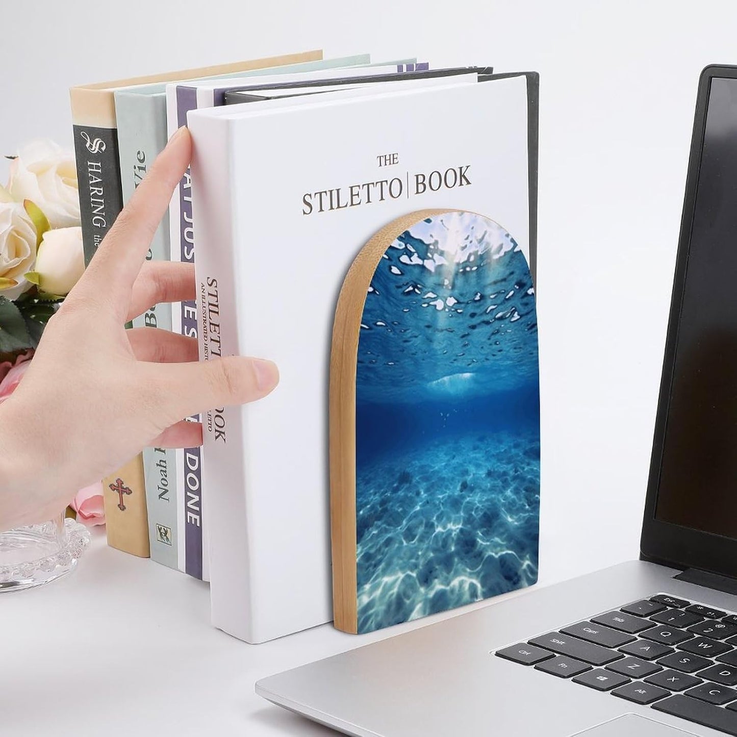 Blue Ocean Sea Bookend for Shelves Wooden Book End Large Size Sturdy Book Holders Stoppers with Metal Base for Bookshelves Slick Decorative Bookends Stands