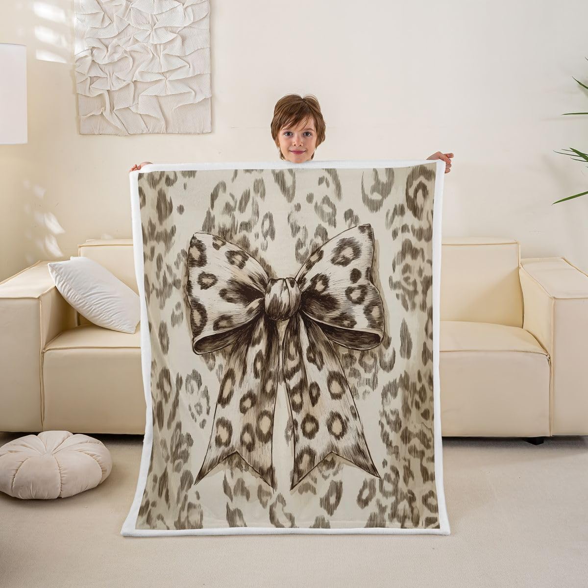 Feelyou Leopard Bow Throw Blanket Bowknot Cute Soft Fleece Sherpa Cozy Fuzzy Plush Warm Kawaii Bow Tie Fuzzy Plush Throw Baby 30"x40" for Bed Couch Living Room