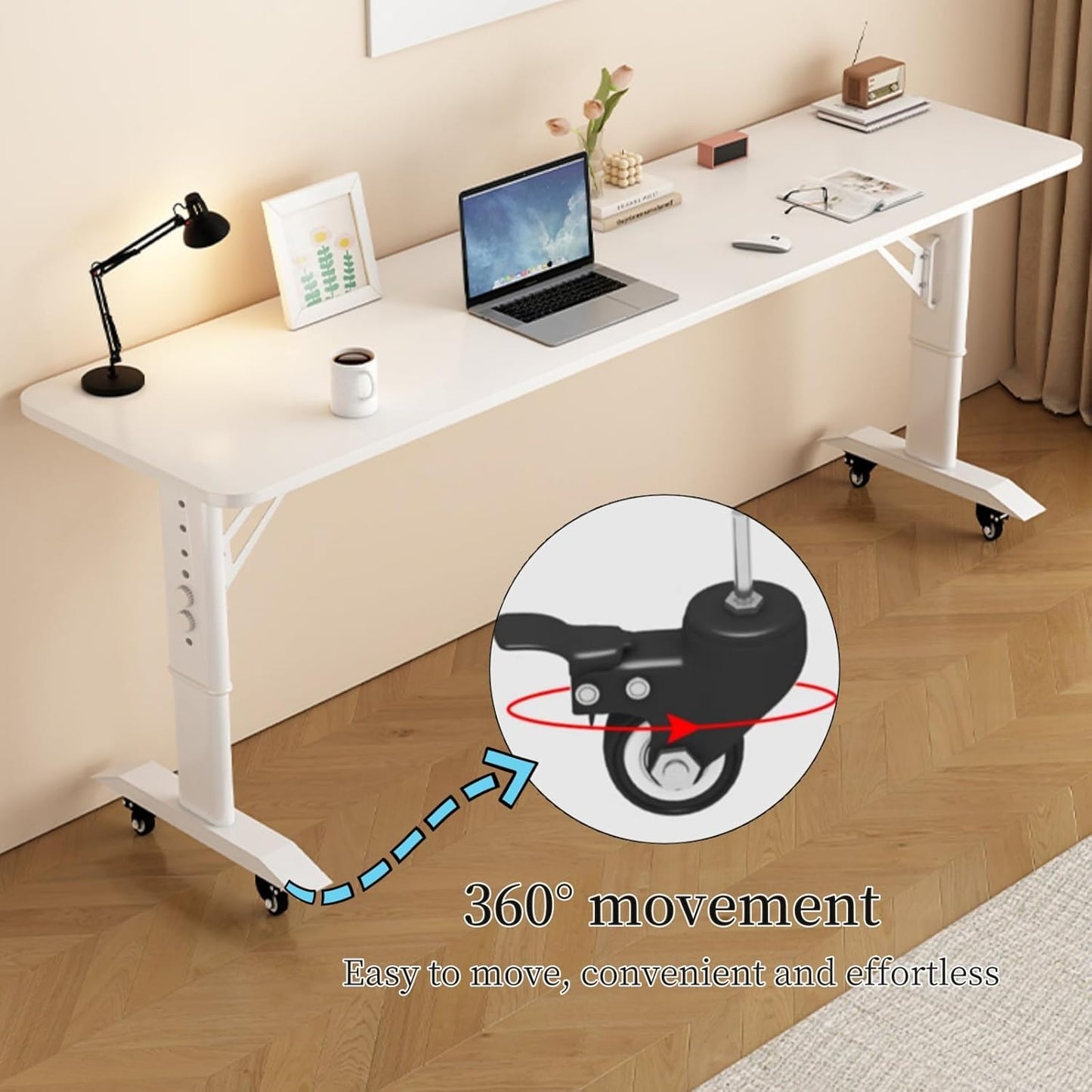 Adjustable Height Bed Desk with WheelsMobile Overbed Table Solid Wood Computer Table for Bed Versatile Over The Bed Desk Portable Bedside Workstation