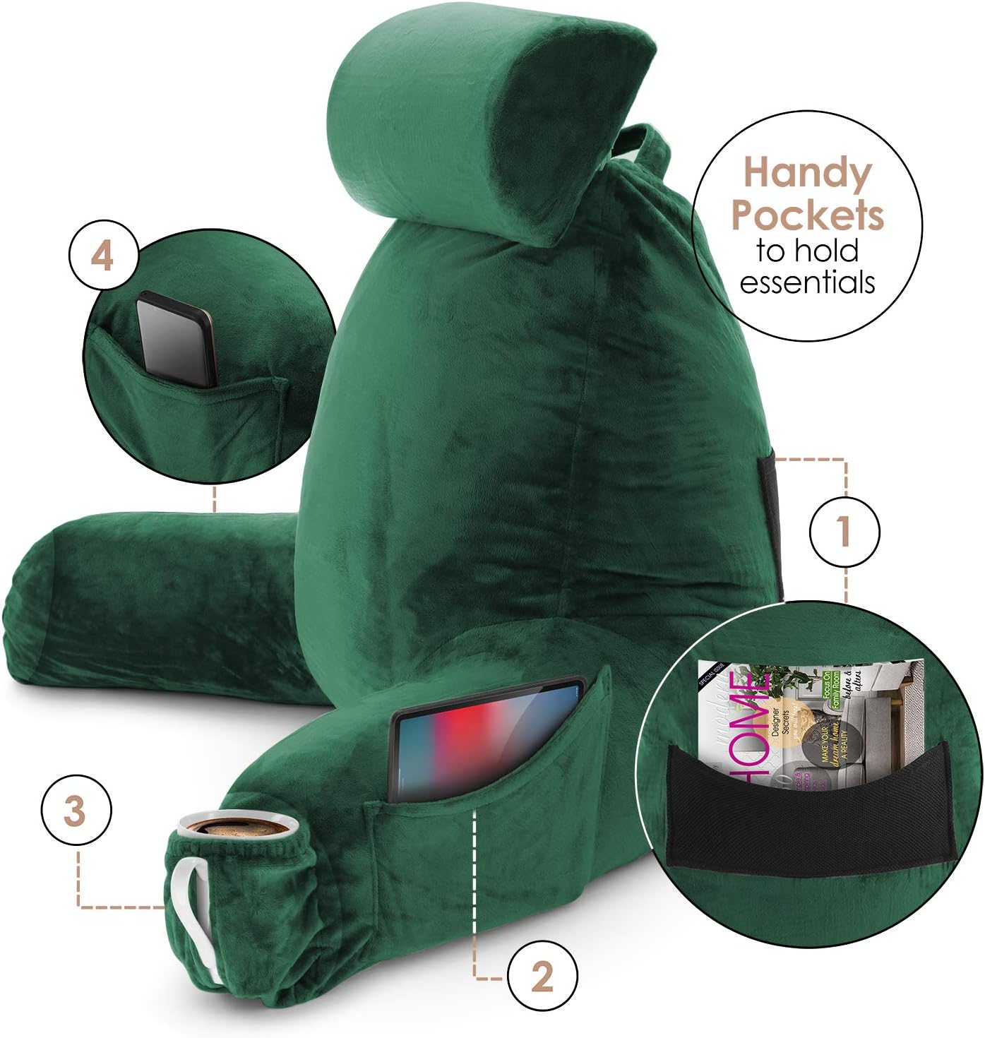 Clara Clark Reading Pillow with Shredded Memory Foam Includes 2 Neck and Lumber Support Pillows, Designed for Sitting Up in Bed and Couch Back and Arms Adjustable Support for Adults & Teens Dark Green